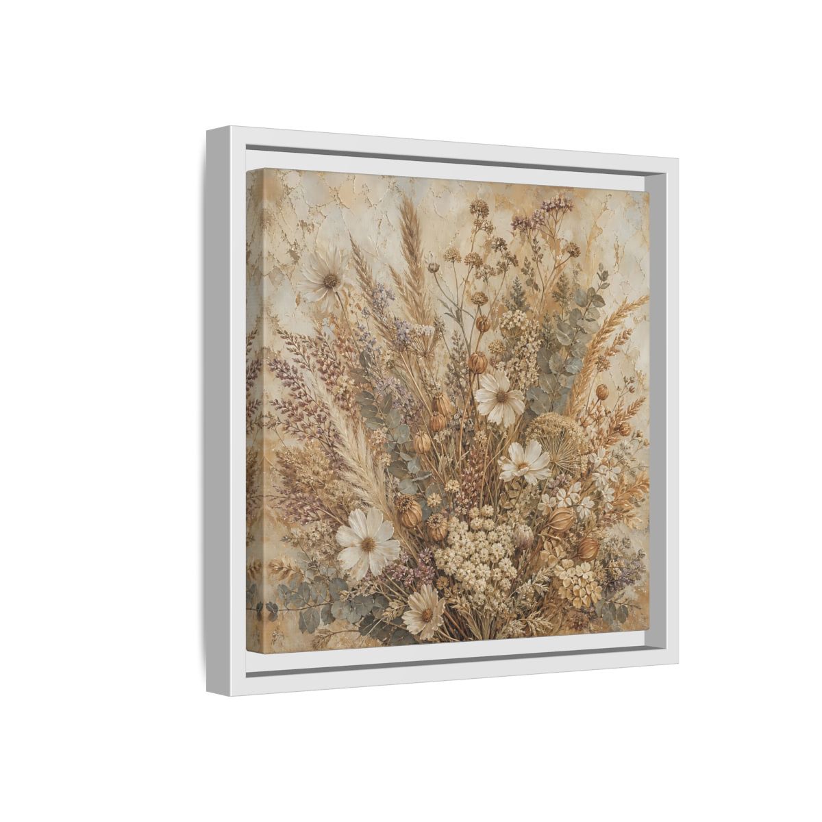 Side Mockup 16. Floral Dried Flowers Brown And Beige shown as stretched canvas wall art