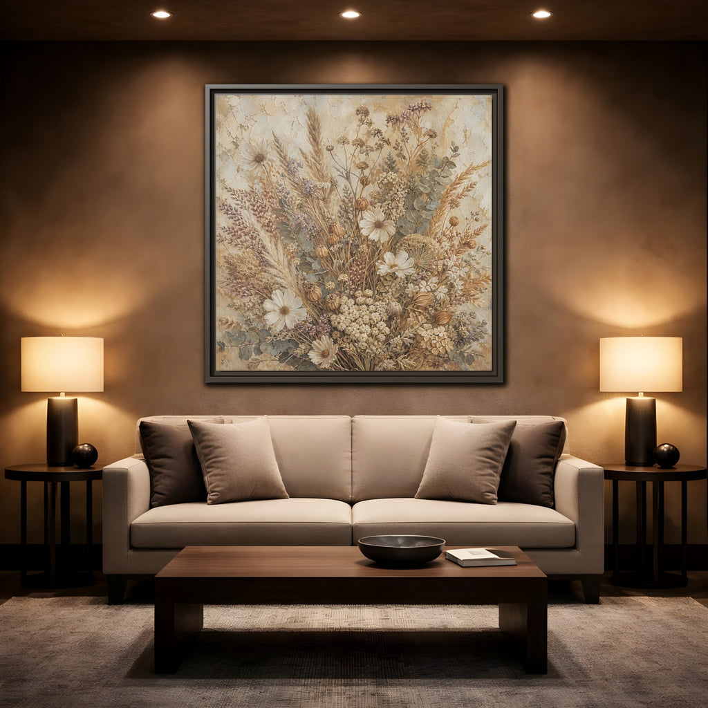 Mockup 2. Floral Dried Flowers Brown And Beige shown as stretched canvas wall art