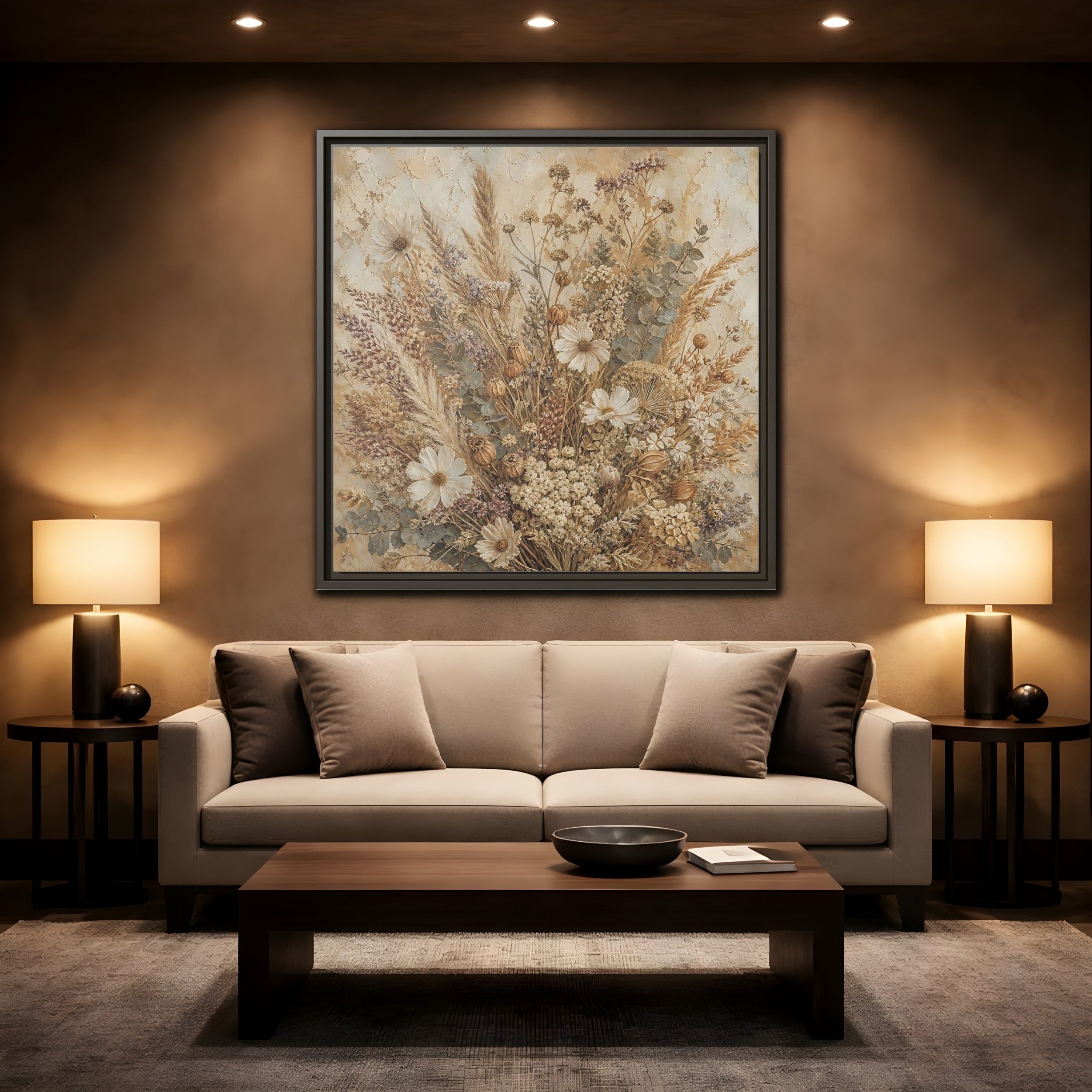 Mockup 2. Floral Dried Flowers Brown And Beige shown as stretched canvas wall art