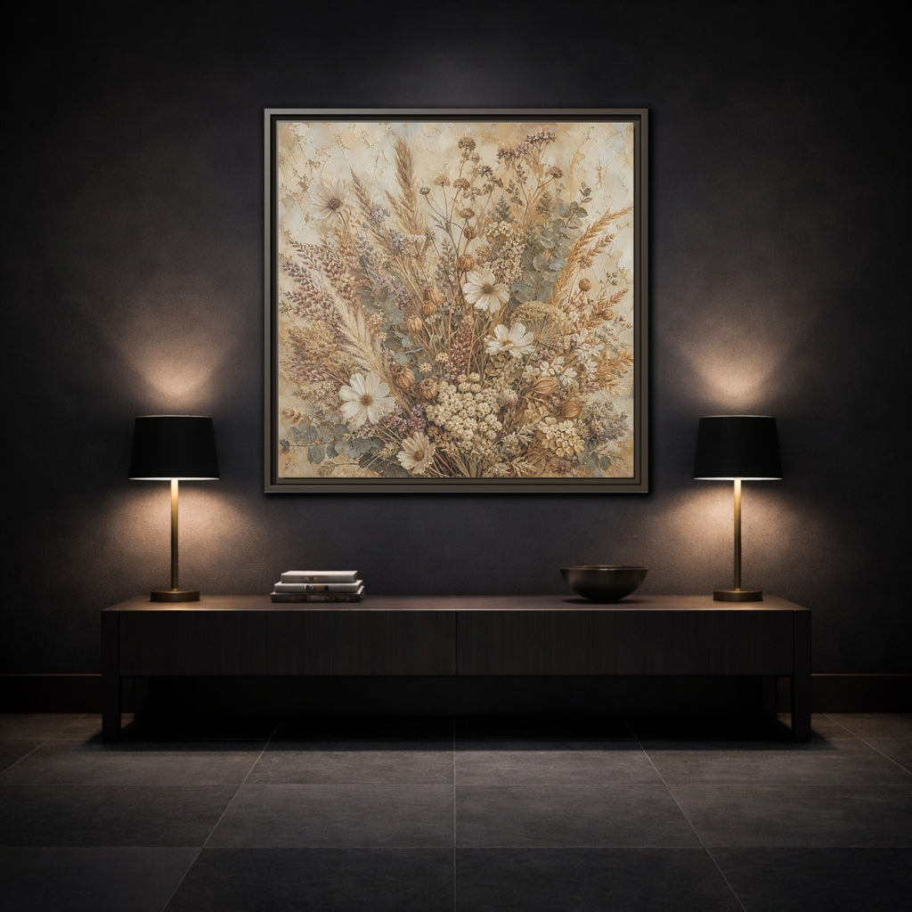 Mockup 3. Floral Dried Flowers Brown And Beige shown as stretched canvas wall art