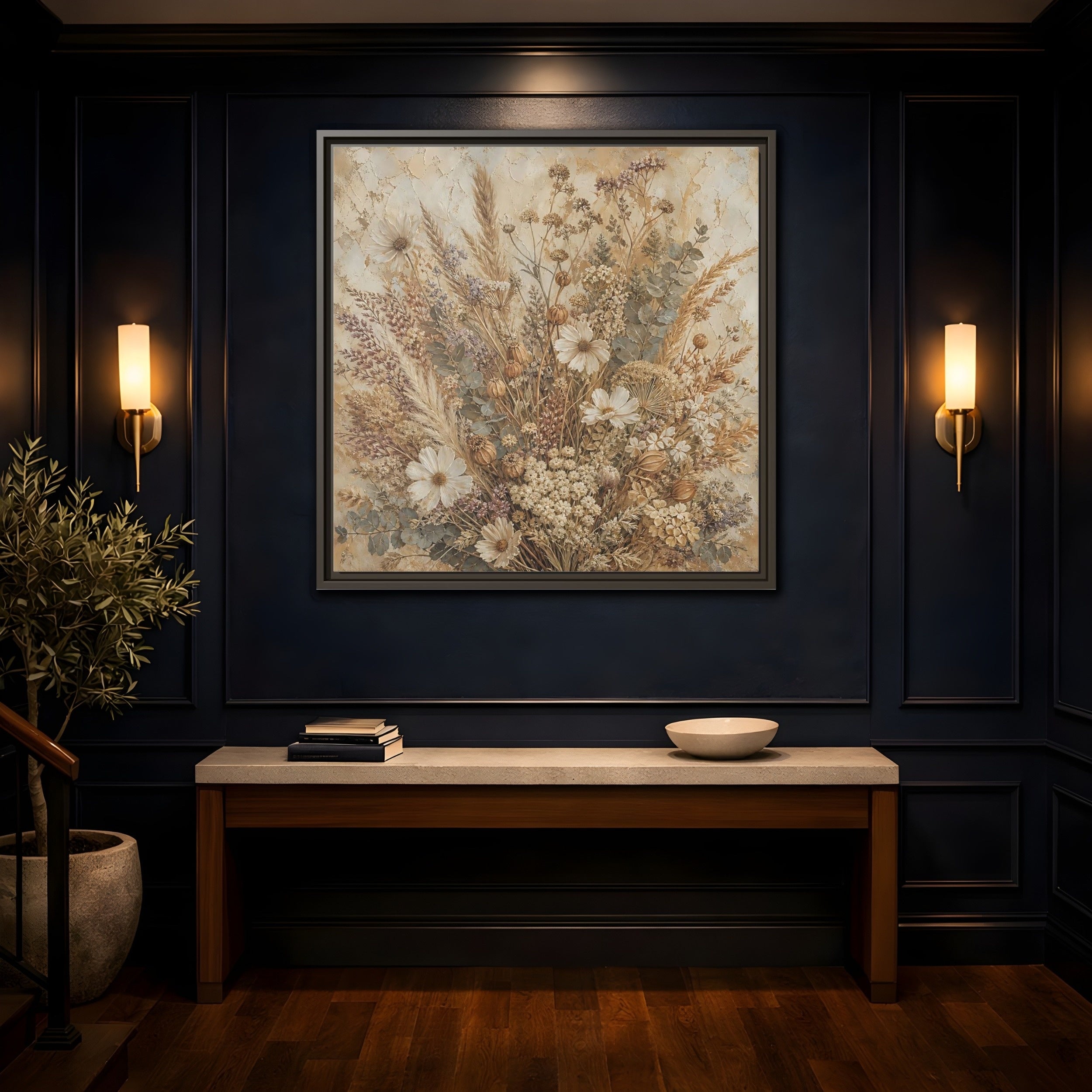 Mockup 4. Floral Dried Flowers Brown And Beige shown as stretched canvas wall art