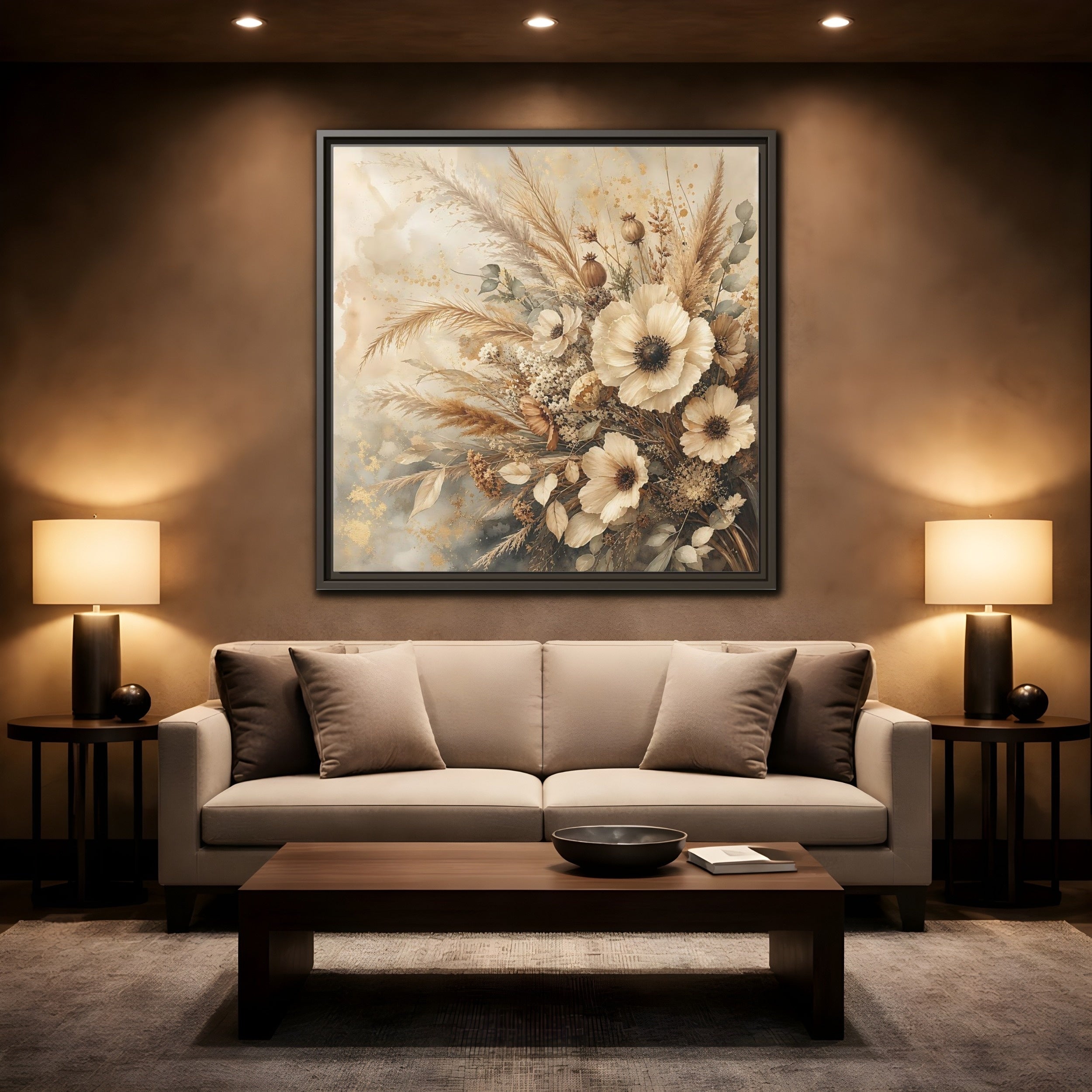 Mockup 2. Floral Dried Flowers Neutral Floral shown as stretched canvas wall art