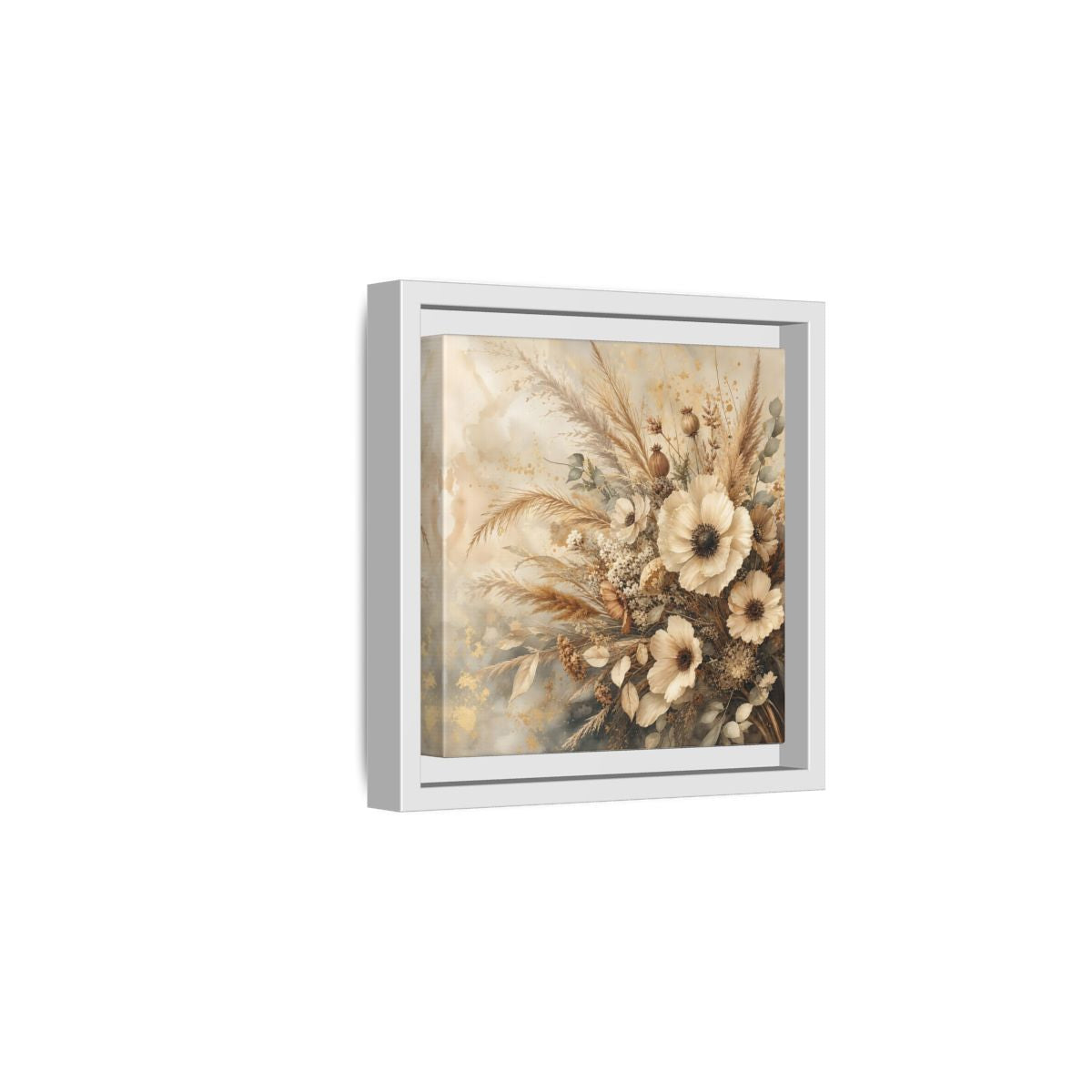 Side Mockup 1. Floral Dried Flowers Neutral Floral shown as stretched canvas wall art