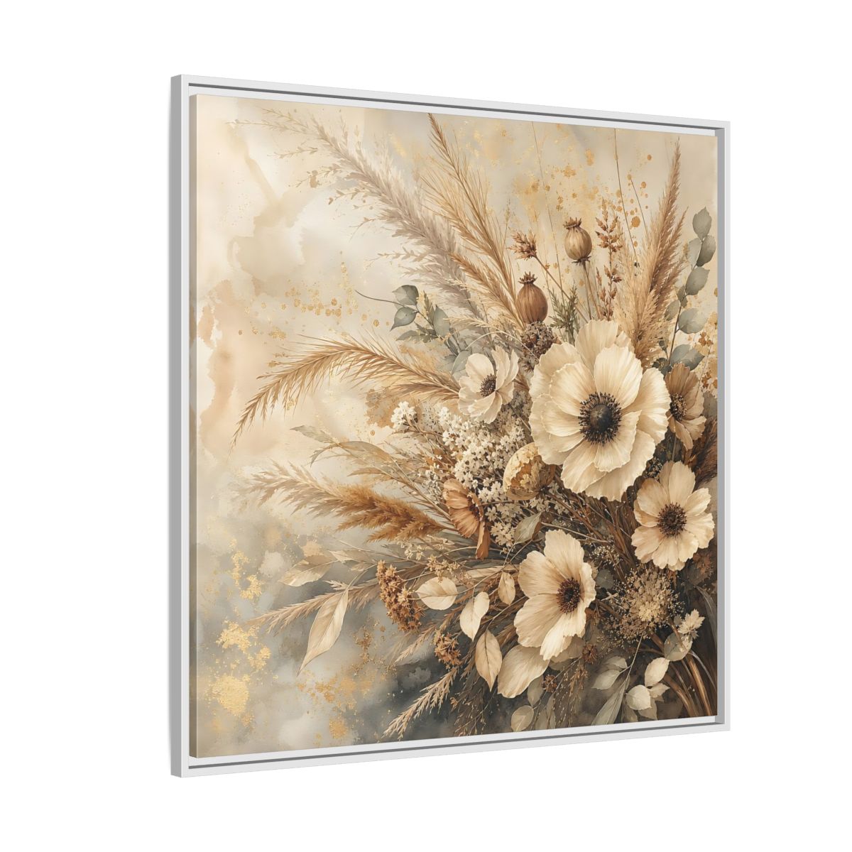 Side Mockup 4. Floral Dried Flowers Neutral Floral shown as stretched canvas wall art