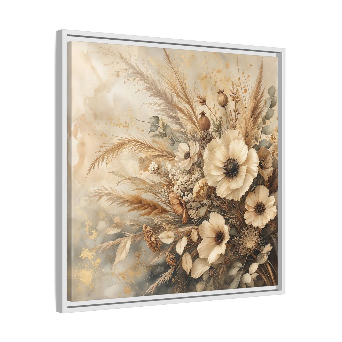Side Mockup 26. Floral Dried Flowers Neutral Floral shown as stretched canvas wall art