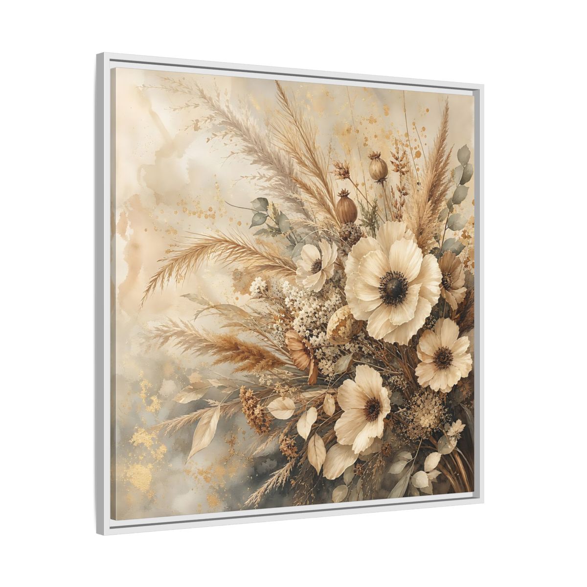 Side Mockup 25. Floral Dried Flowers Neutral Floral shown as stretched canvas wall art