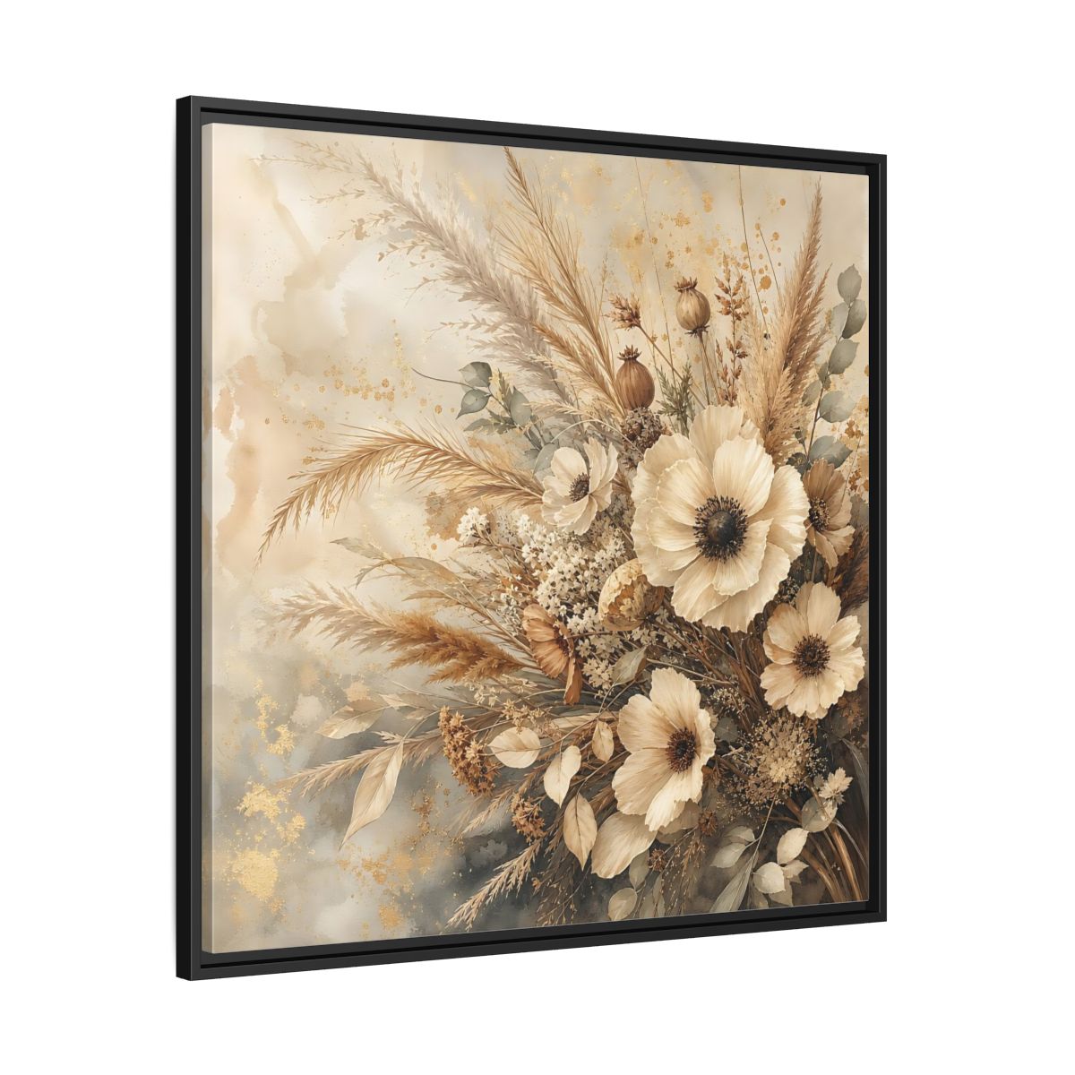 Side Mockup 30. Floral Dried Flowers Neutral Floral shown as stretched canvas wall art