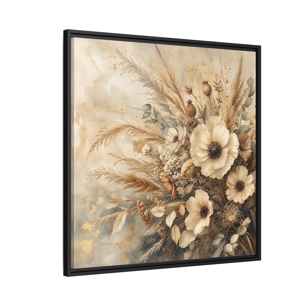 Side Mockup 9. Floral Dried Flowers Neutral Floral shown as stretched canvas wall art