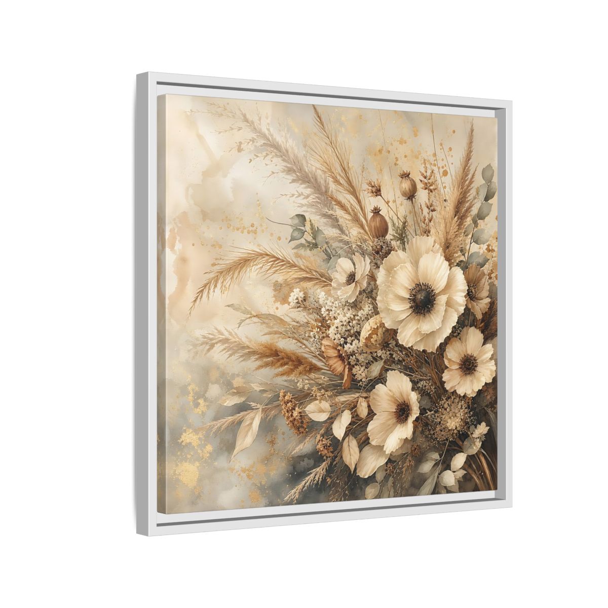 Side Mockup 10. Floral Dried Flowers Neutral Floral shown as stretched canvas wall art