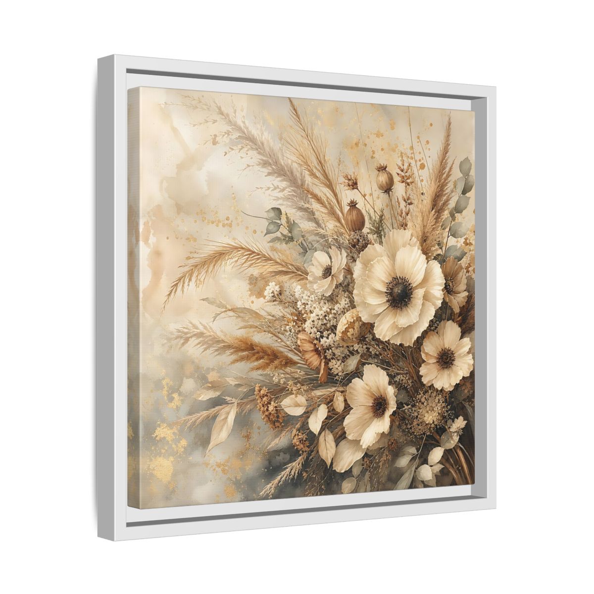 Side Mockup 28. Floral Dried Flowers Neutral Floral shown as stretched canvas wall art