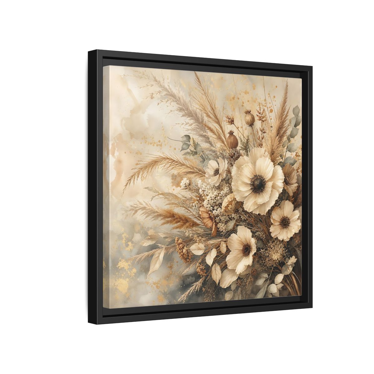 Side Mockup 15. Floral Dried Flowers Neutral Floral shown as stretched canvas wall art