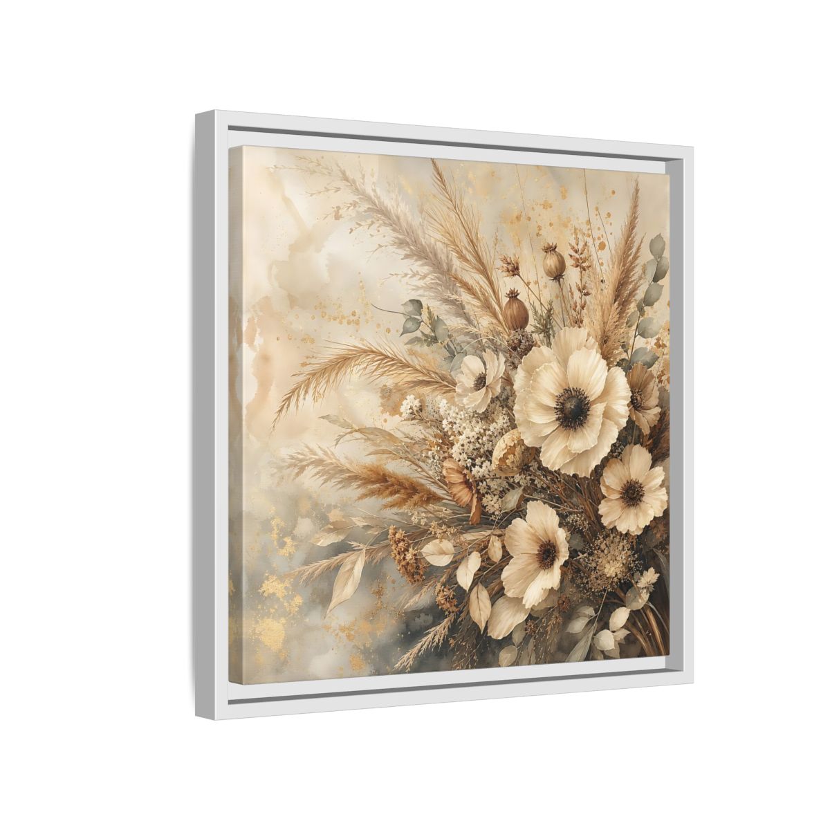 Side Mockup 13. Floral Dried Flowers Neutral Floral shown as stretched canvas wall art