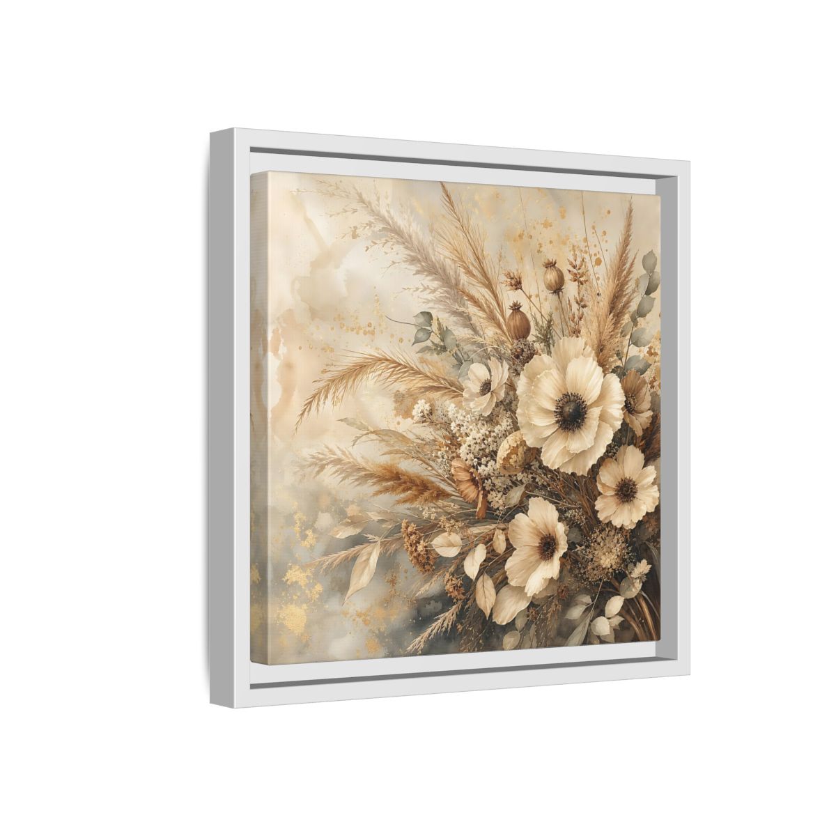 Side Mockup 16. Floral Dried Flowers Neutral Floral shown as stretched canvas wall art