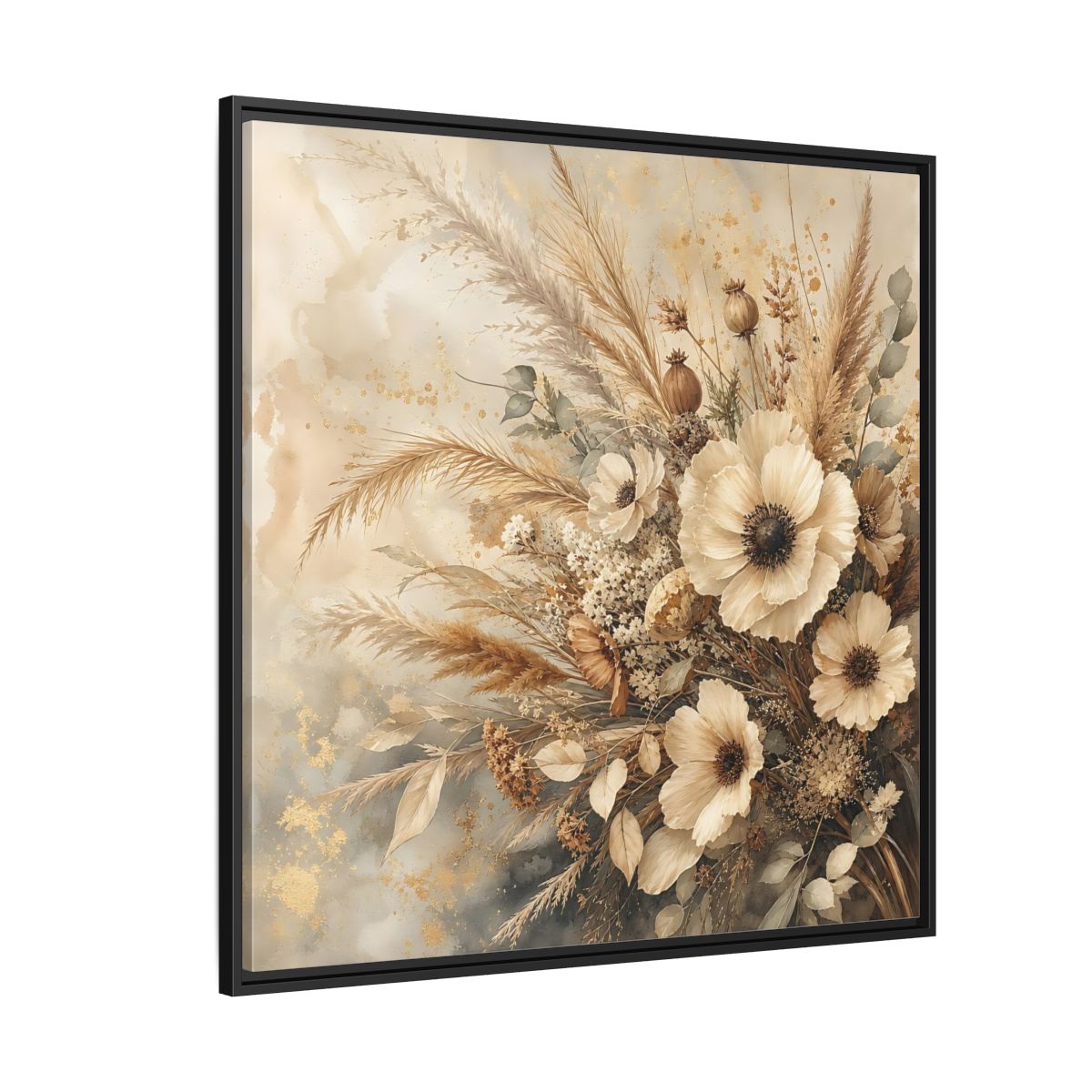 Side Mockup 6. Floral Dried Flowers Neutral Floral shown as stretched canvas wall art