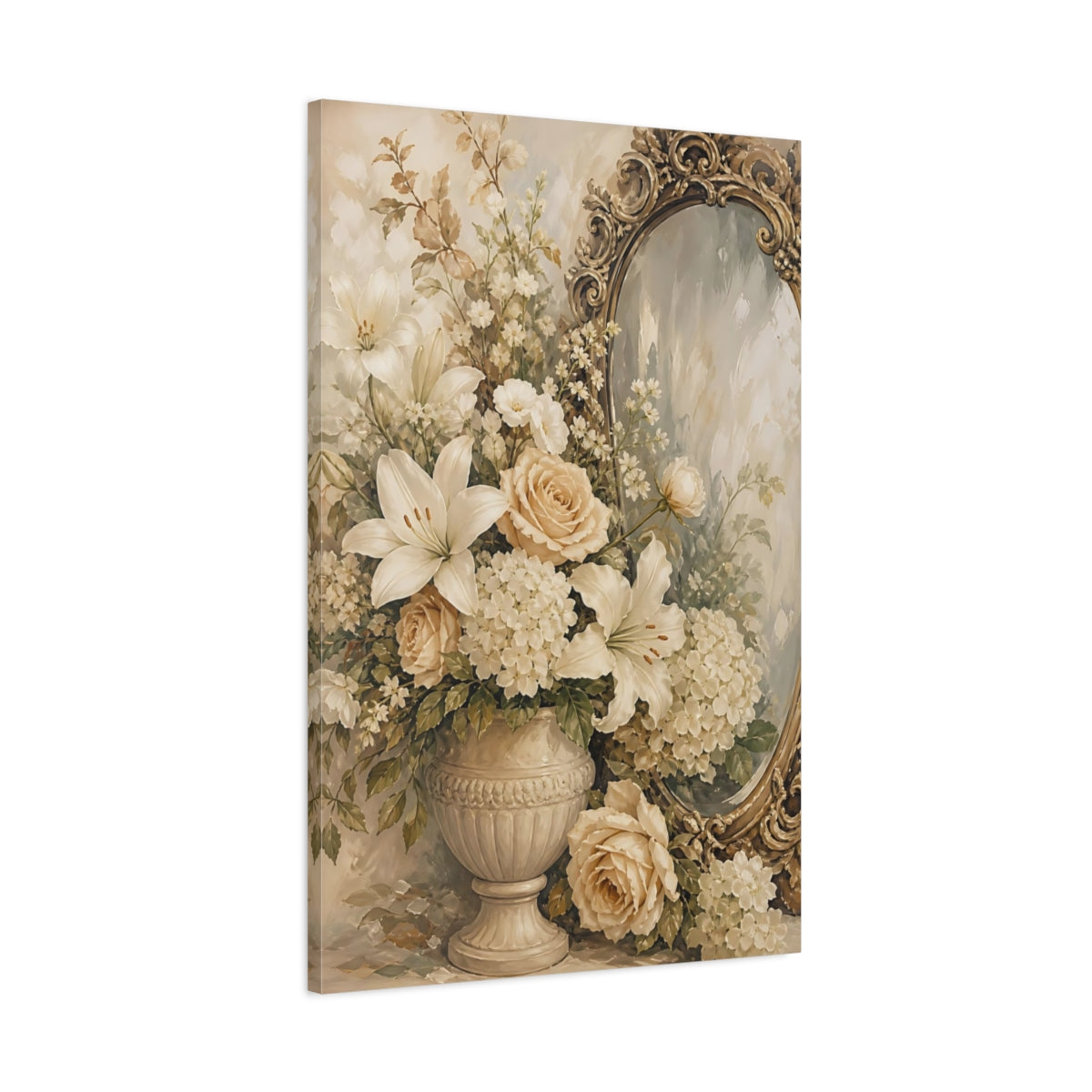 Main Mockup. Floral Floral Arrangement Cream Floral Decor shown as stretched canvas wall art