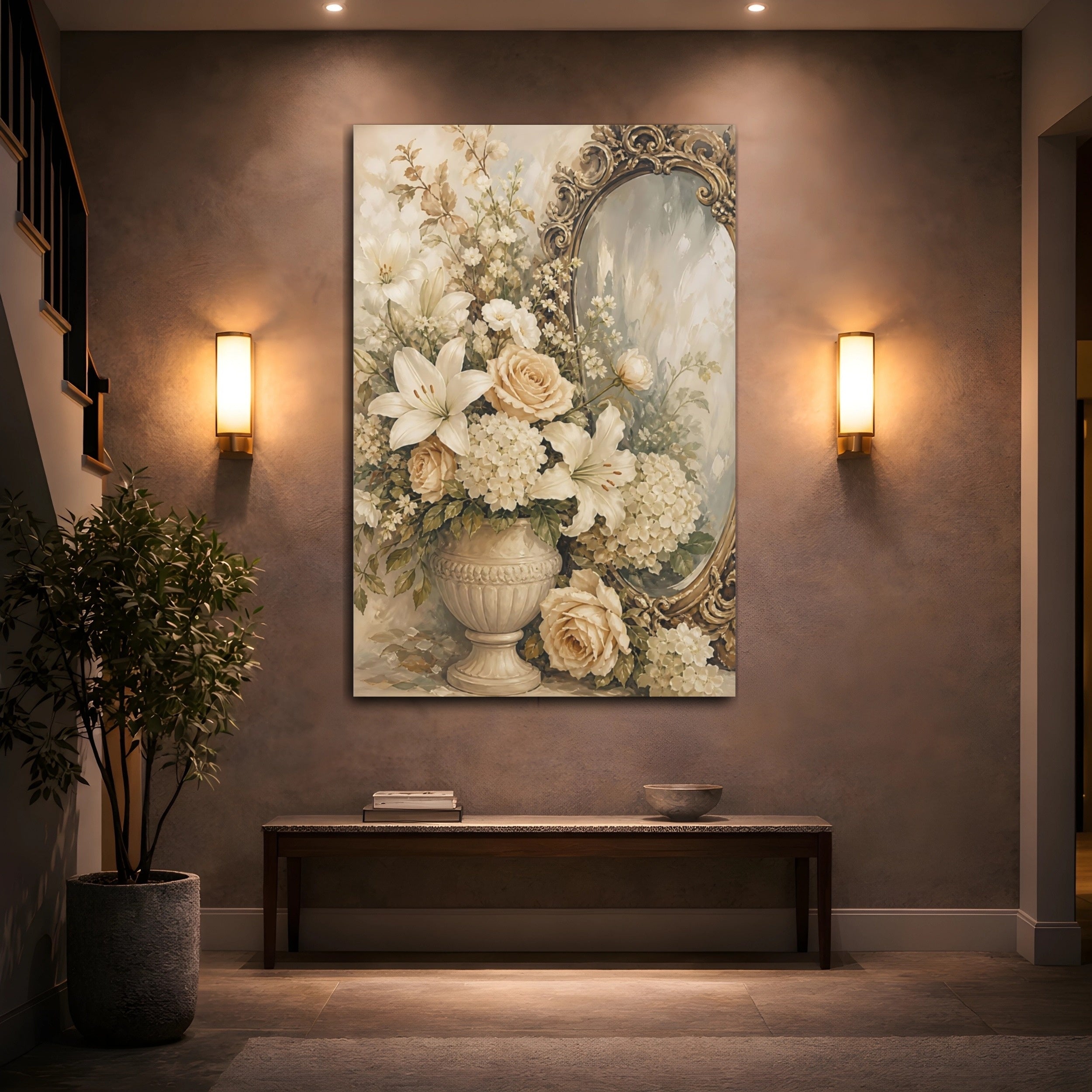 Mockup 2. Floral Floral Arrangement Cream Floral Decor shown as stretched canvas wall art