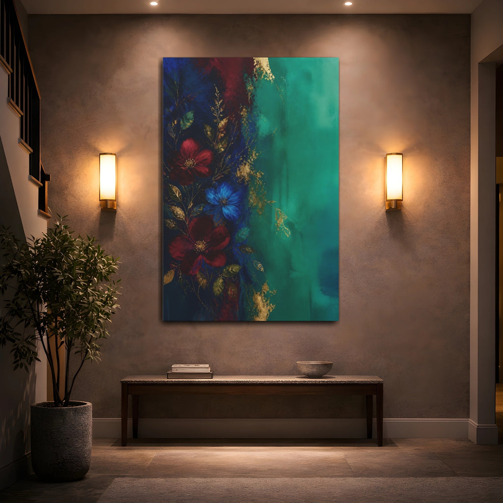 Mockup 2. Floral Floral Arrangement Teal Gold Floral shown as stretched canvas wall art