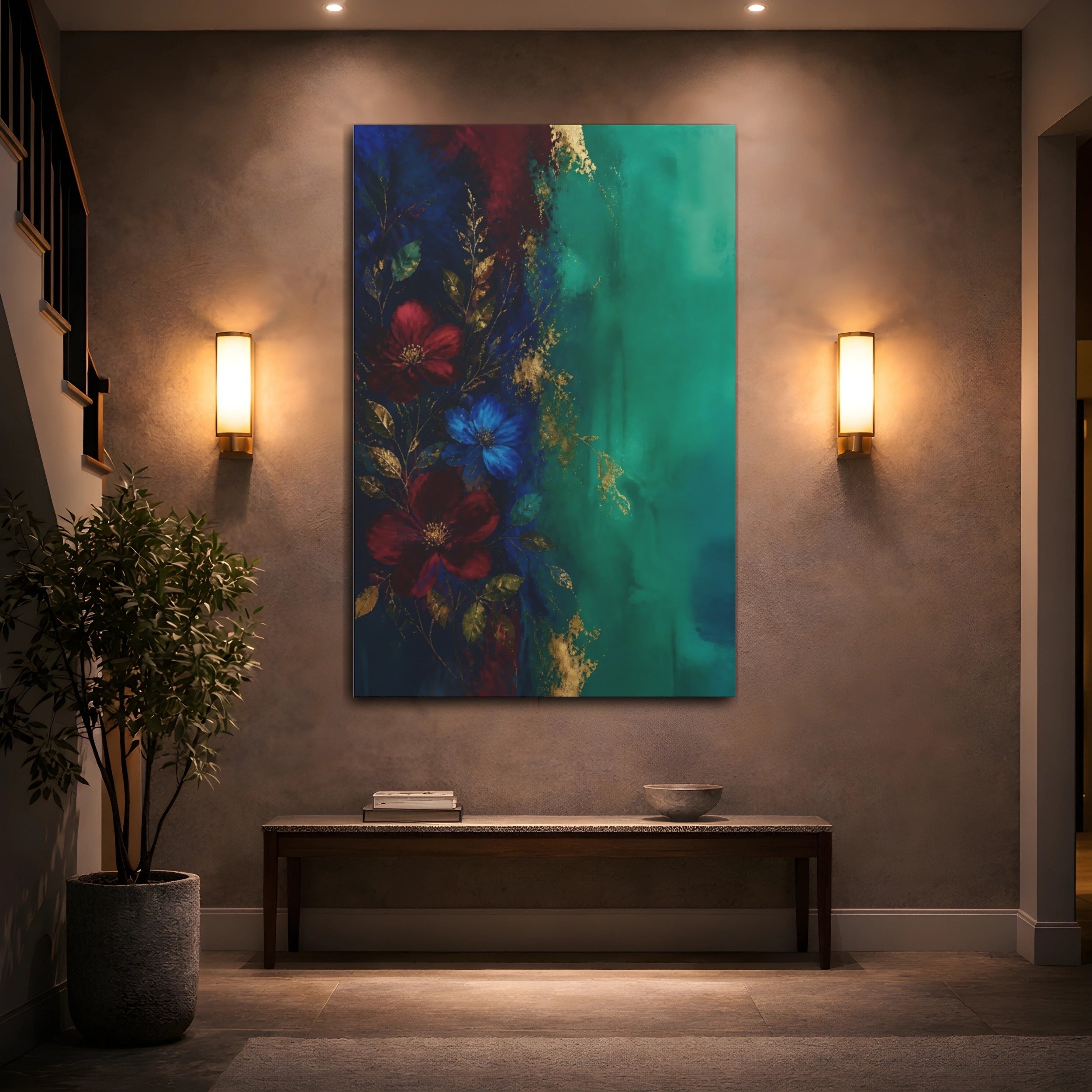 Mockup 2. Floral Floral Arrangement Teal Gold Floral shown as stretched canvas wall art