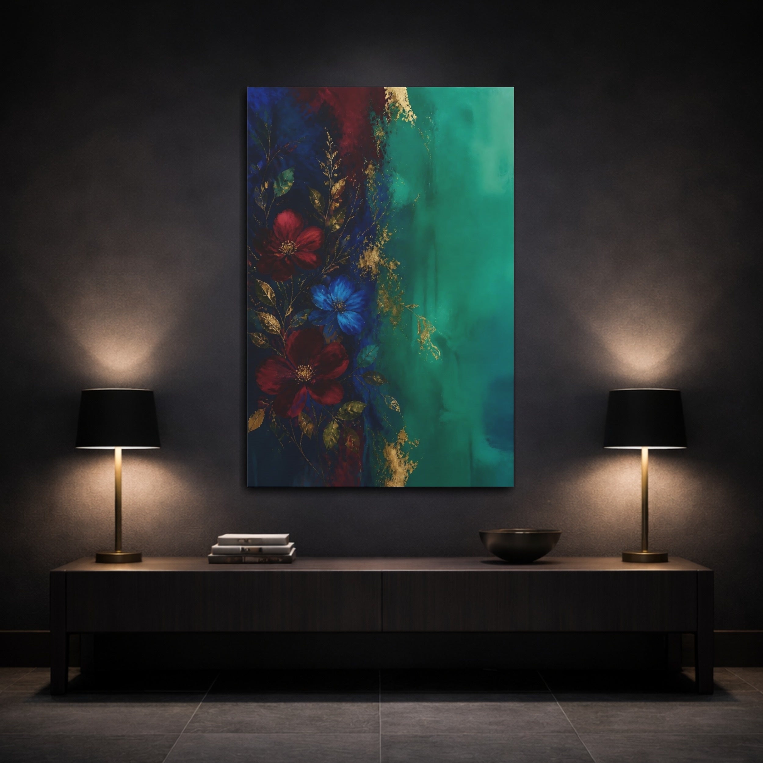 Mockup 3. Floral Floral Arrangement Teal Gold Floral shown as stretched canvas wall art