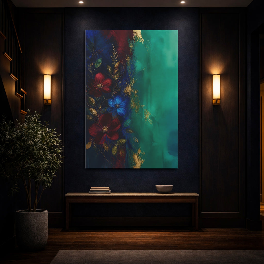Mockup 4. Floral Floral Arrangement Teal Gold Floral shown as stretched canvas wall art