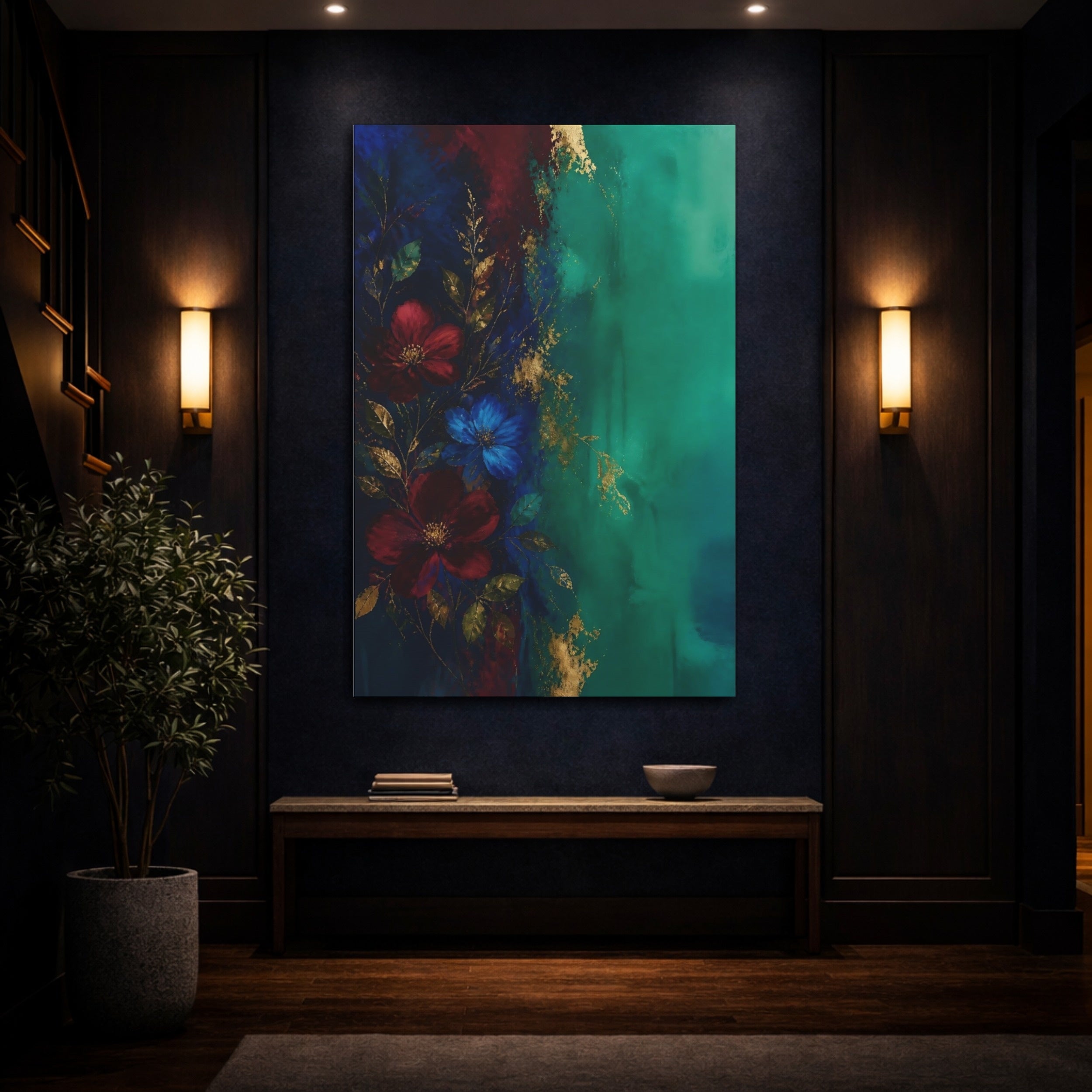 Mockup 4. Floral Floral Arrangement Teal Gold Floral shown as stretched canvas wall art