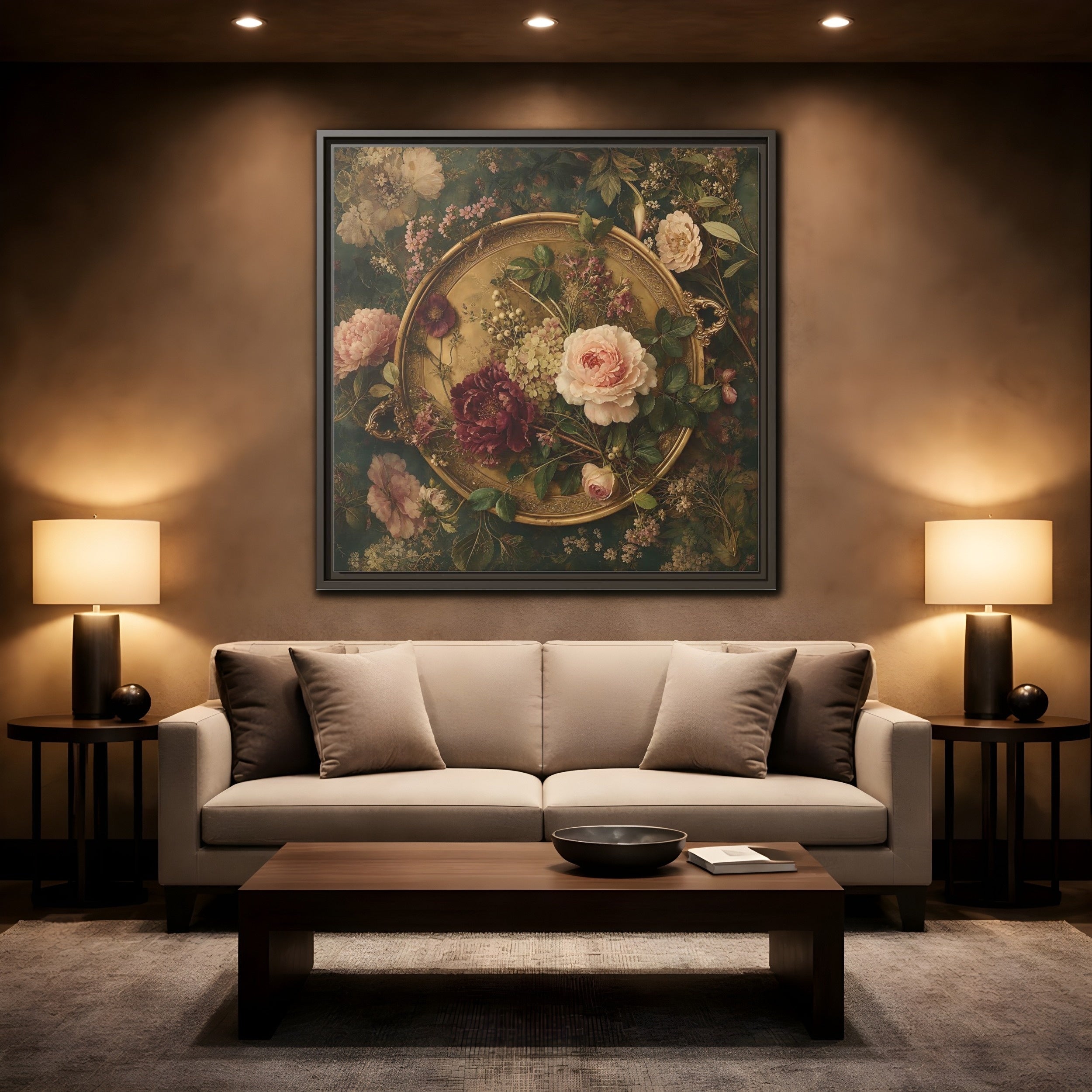 Mockup 2. Floral Floral Arrangement Vintage Floral shown as stretched canvas wall art