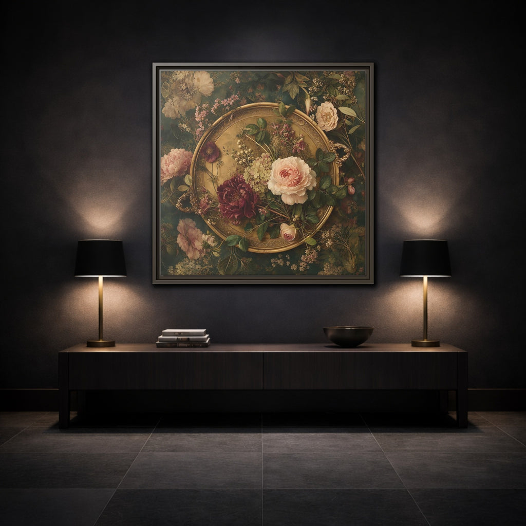 Mockup 3. Floral Floral Arrangement Vintage Floral shown as stretched canvas wall art