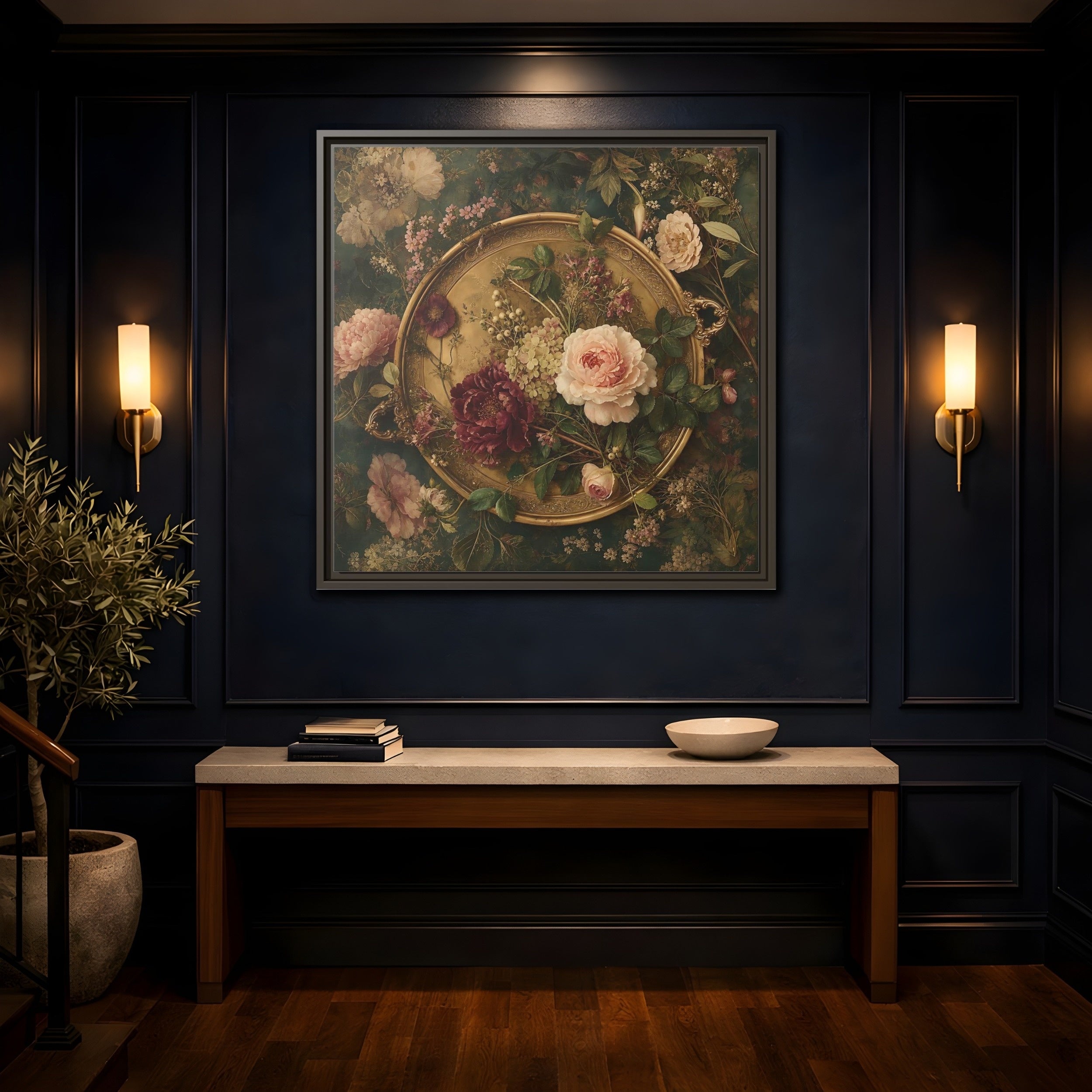 Mockup 4. Floral Floral Arrangement Vintage Floral shown as stretched canvas wall art