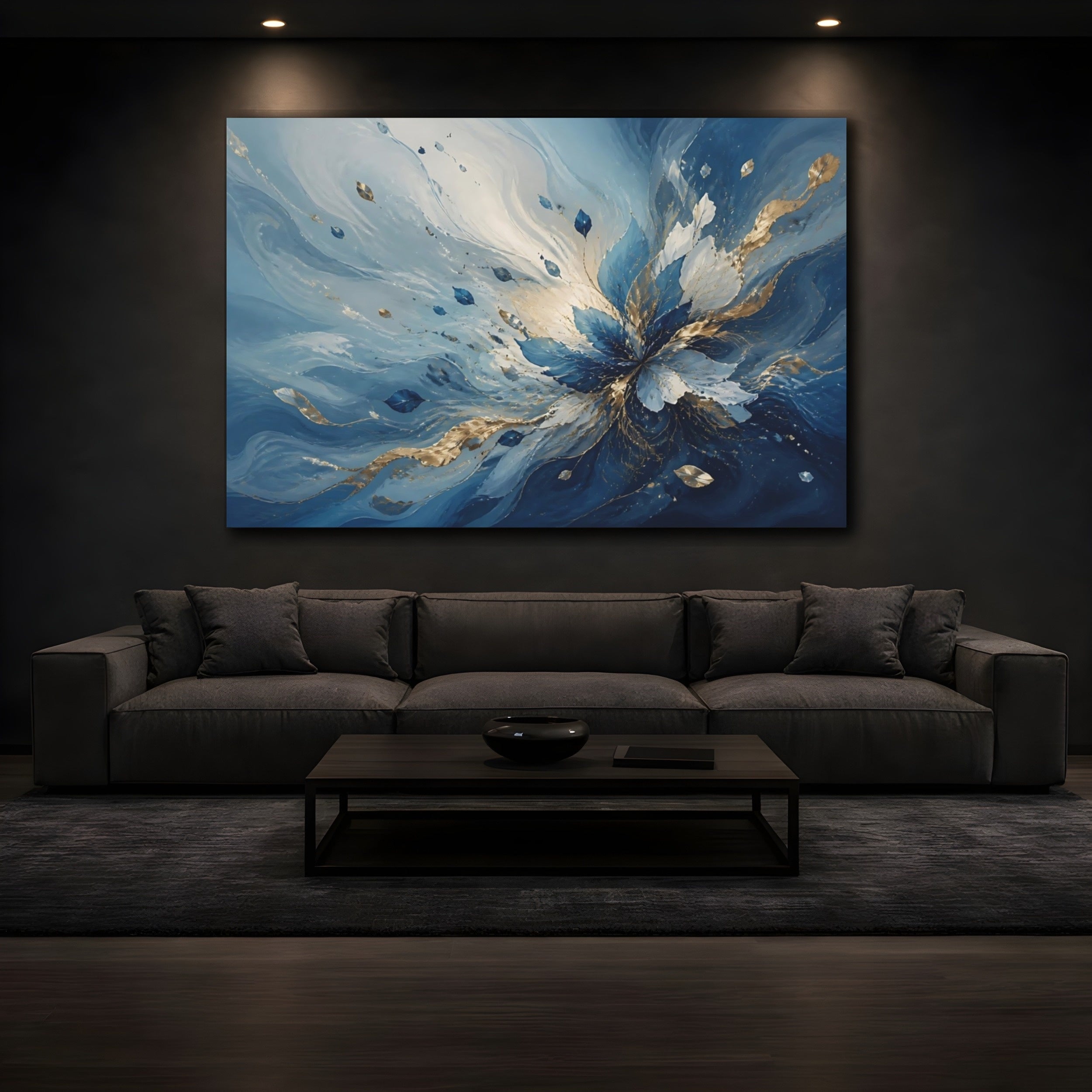 Mockup 3. Floral Floral Burst Blue And Gold shown as stretched canvas wall art