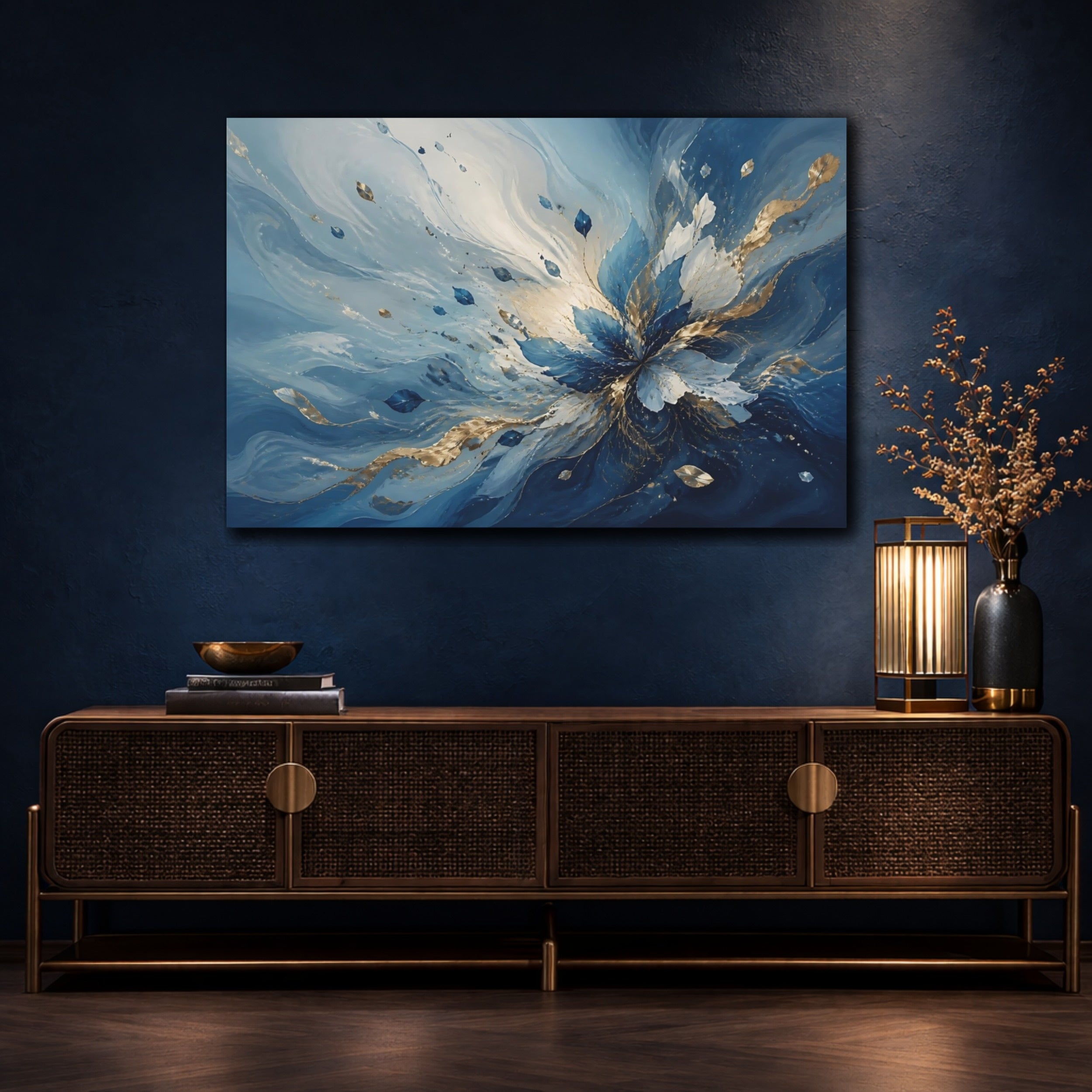 Mockup 4. Floral Floral Burst Blue And Gold shown as stretched canvas wall art