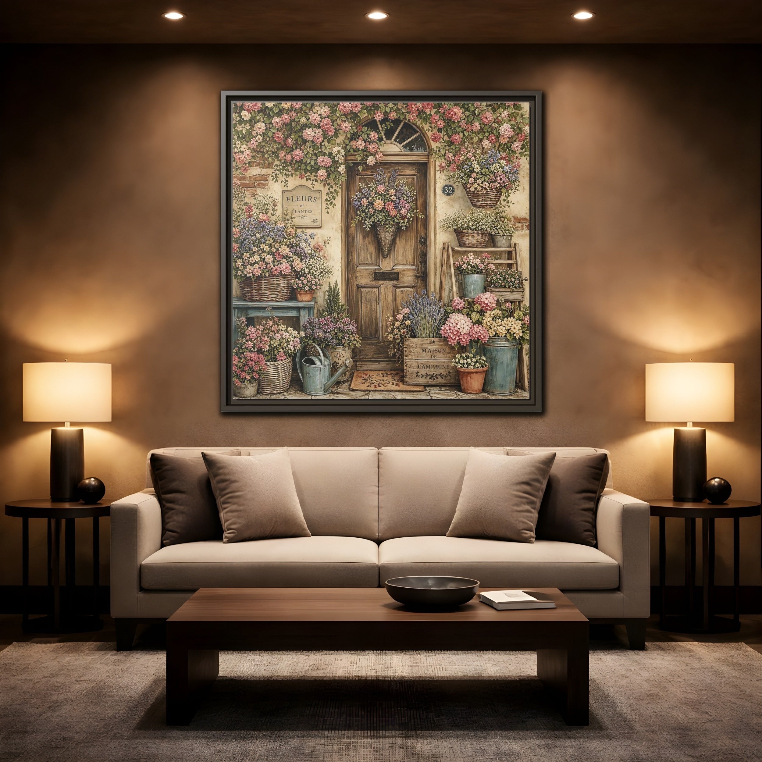 Mockup 2. Floral Floral Doorway Cottage Floral Door shown as stretched canvas wall art