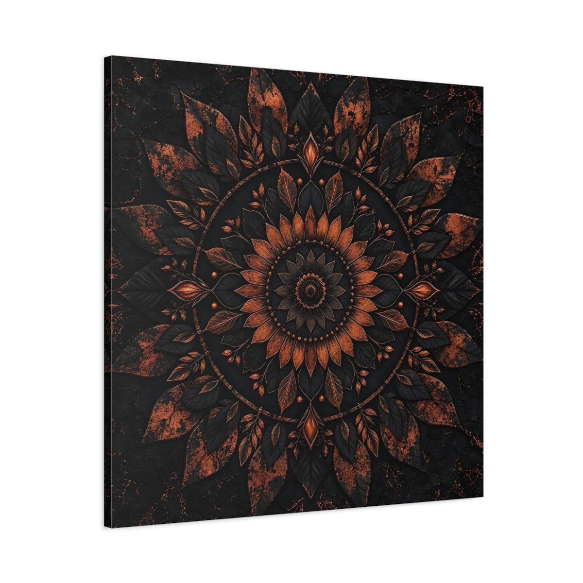 Main Mockup. Floral Floral Mandala Black And Copper shown as stretched canvas wall art
