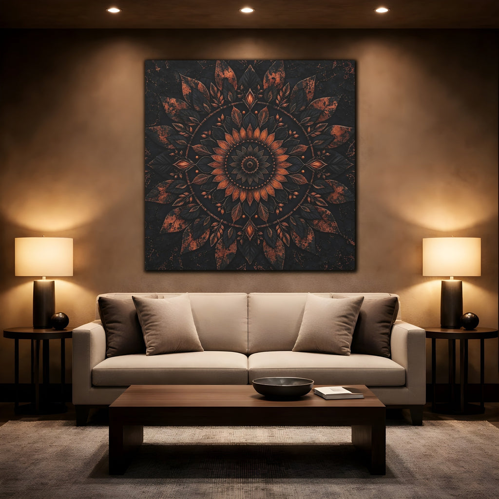 Mockup 2. Floral Floral Mandala Black And Copper shown as stretched canvas wall art