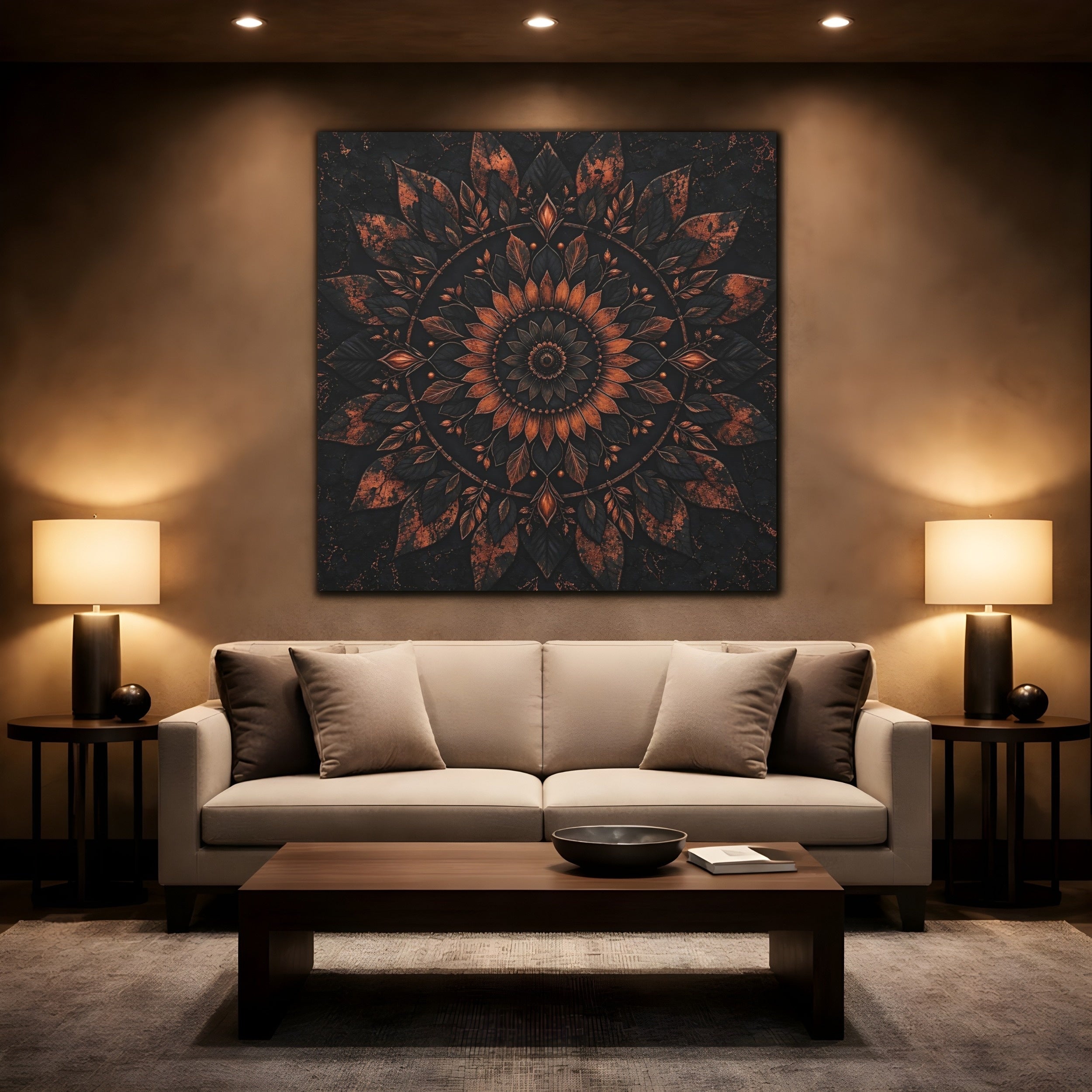 Mockup 2. Floral Floral Mandala Black And Copper shown as stretched canvas wall art