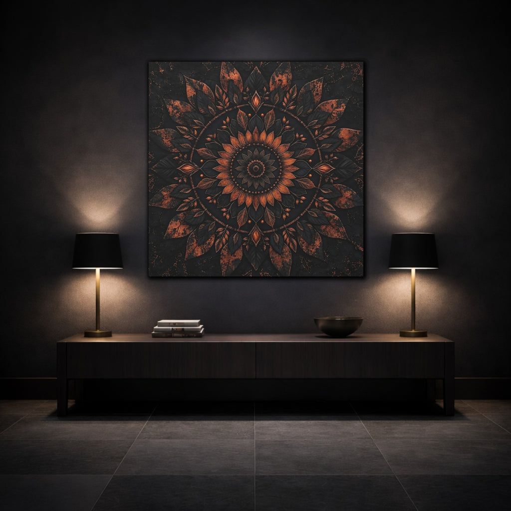 Mockup 3. Floral Floral Mandala Black And Copper shown as stretched canvas wall art