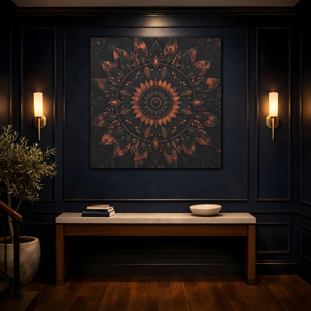 Mockup 4. Floral Floral Mandala Black And Copper shown as stretched canvas wall art