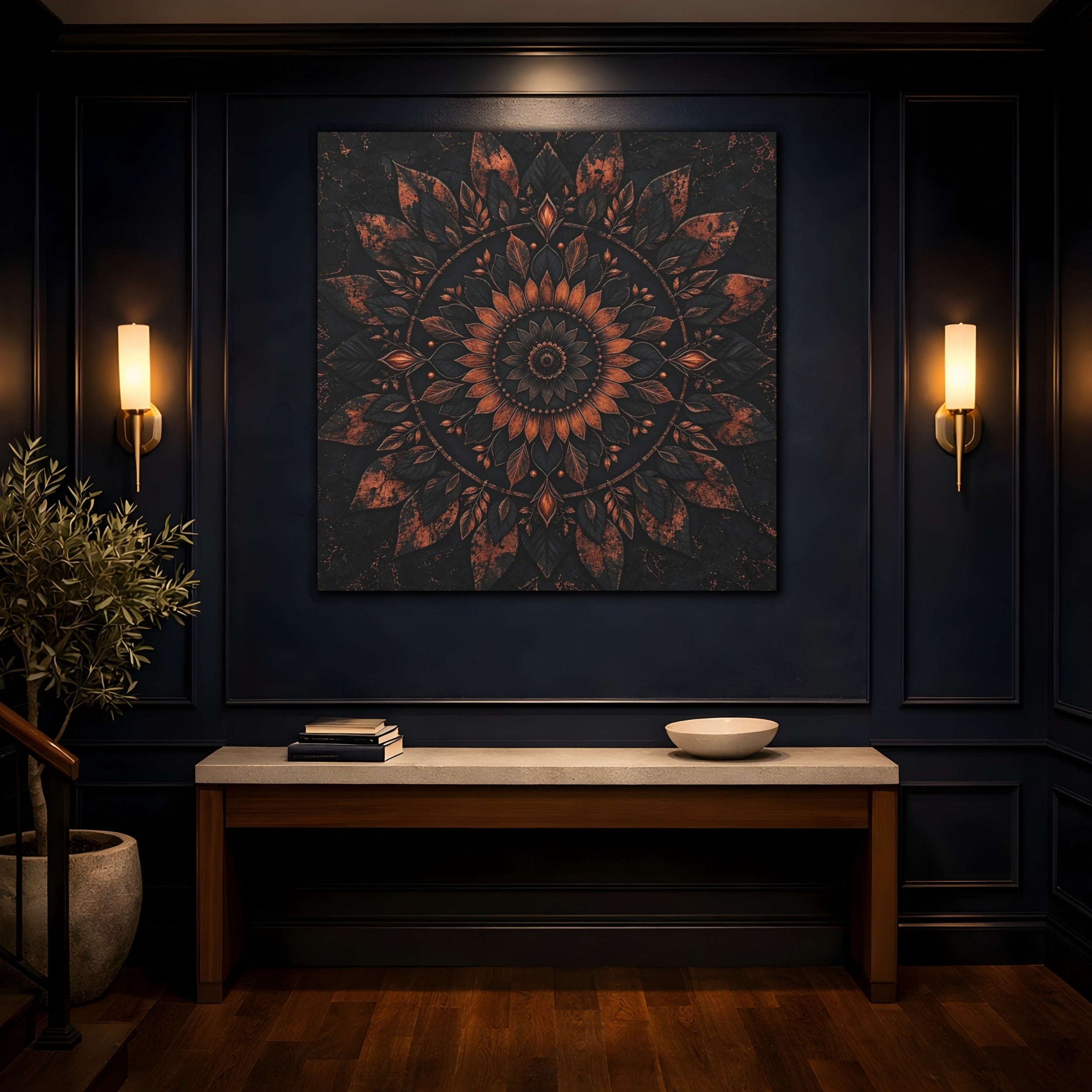 Mockup 4. Floral Floral Mandala Black And Copper shown as stretched canvas wall art