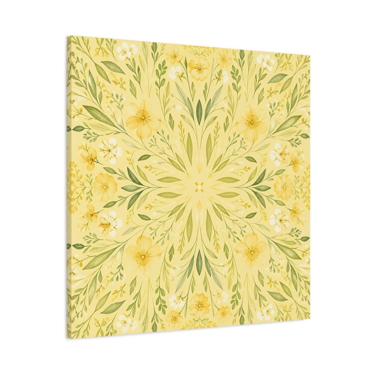 Main Mockup. Floral Floral Mandala Yellow Floral shown as stretched canvas wall art