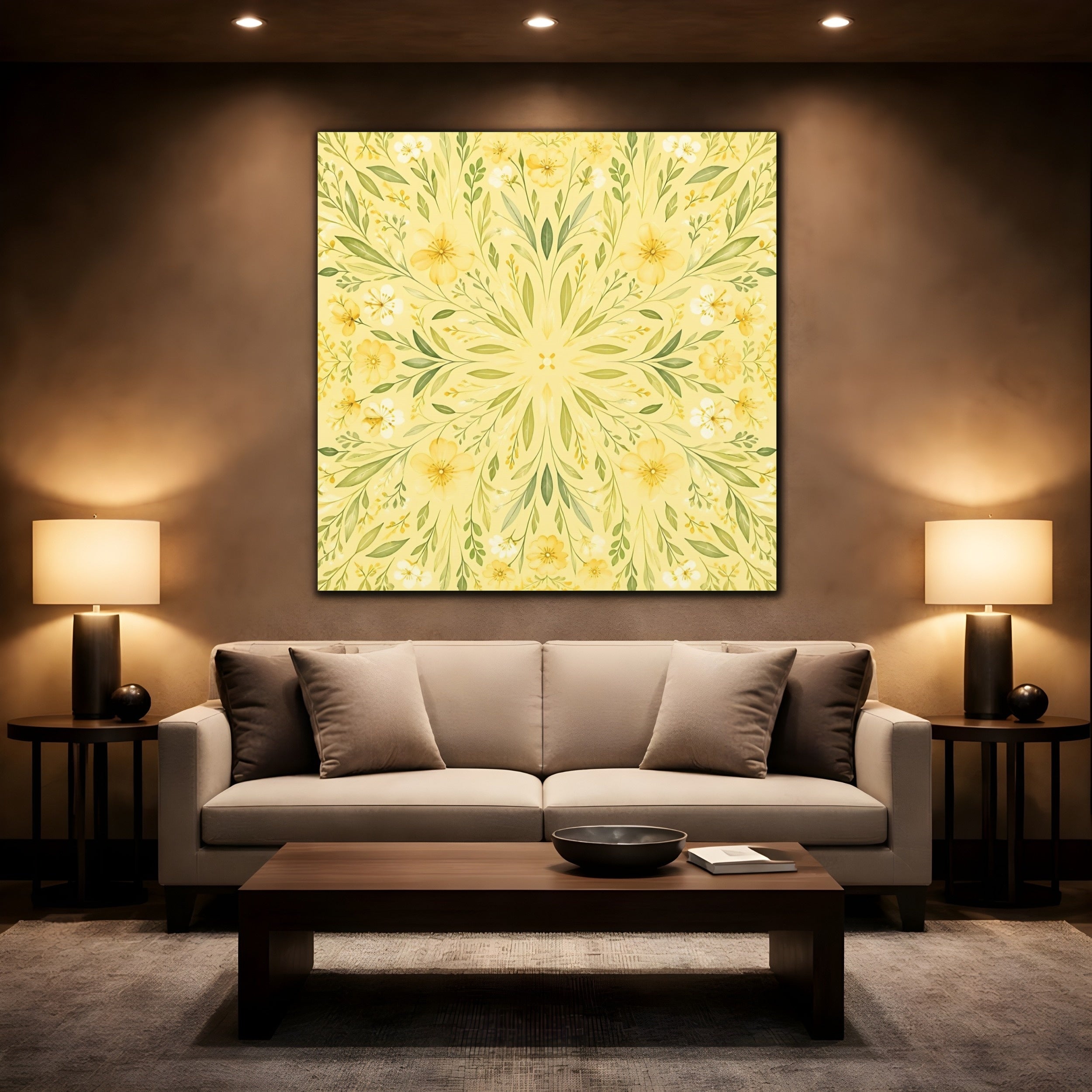 Mockup 2. Floral Floral Mandala Yellow Floral shown as stretched canvas wall art