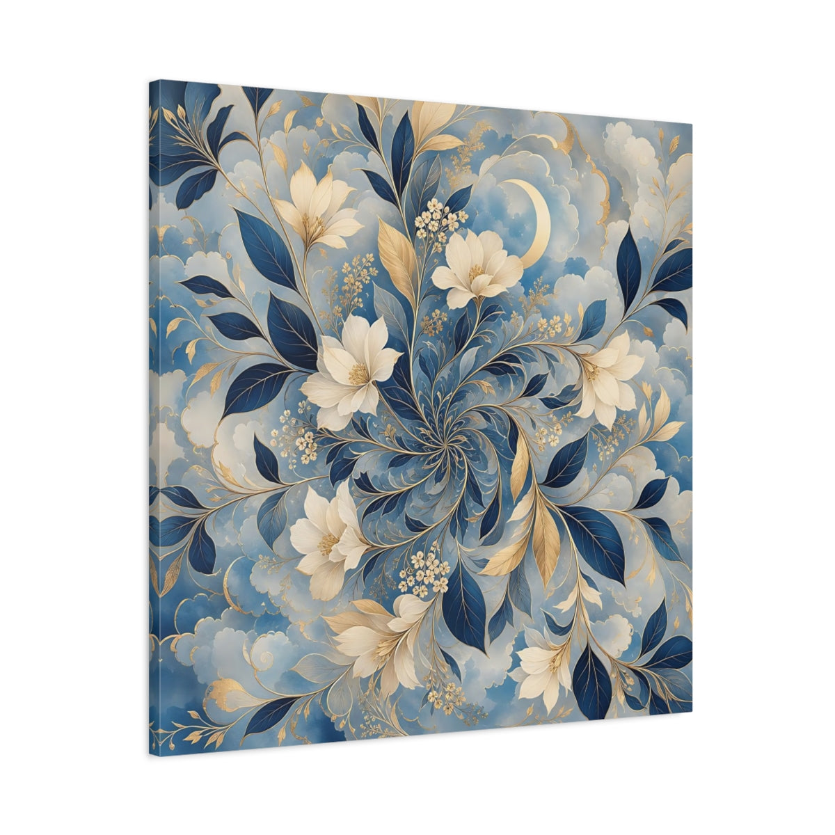 Main Mockup. Floral Floral Pattern Blue Gold Floral shown as stretched canvas wall art