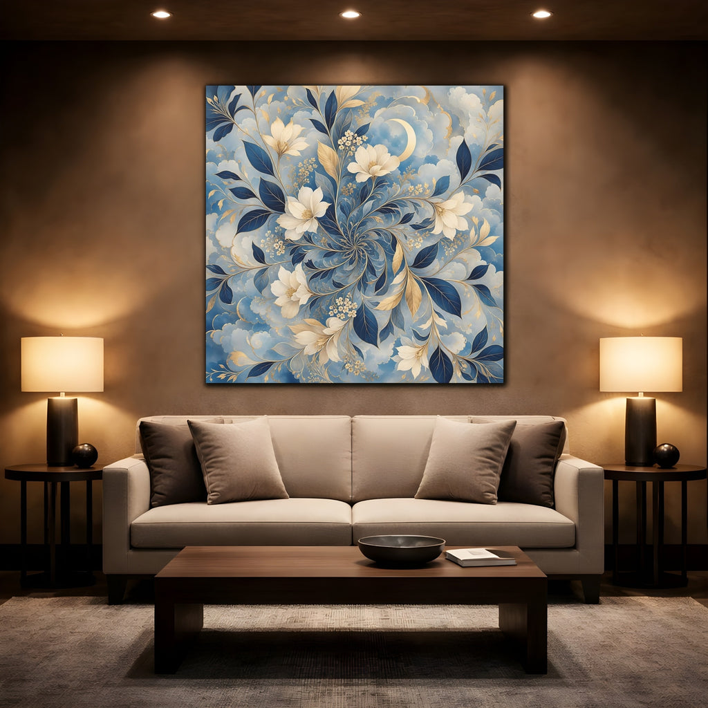 Mockup 2. Floral Floral Pattern Blue Gold Floral shown as stretched canvas wall art