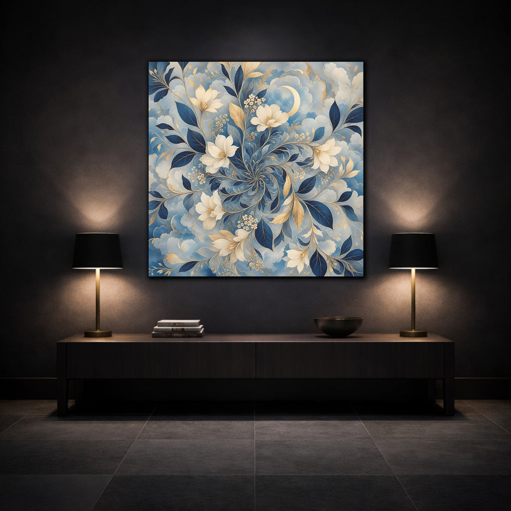Mockup 3. Floral Floral Pattern Blue Gold Floral shown as stretched canvas wall art