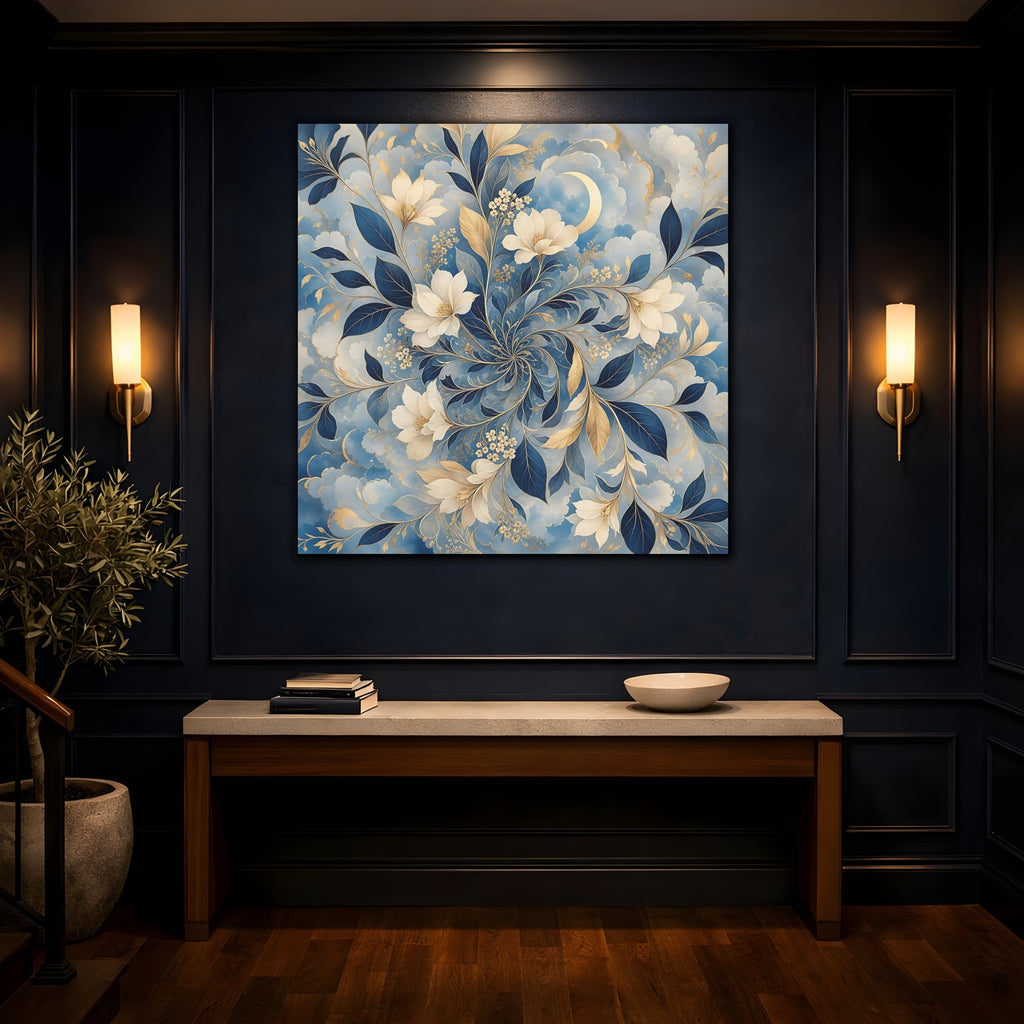Mockup 4. Floral Floral Pattern Blue Gold Floral shown as stretched canvas wall art