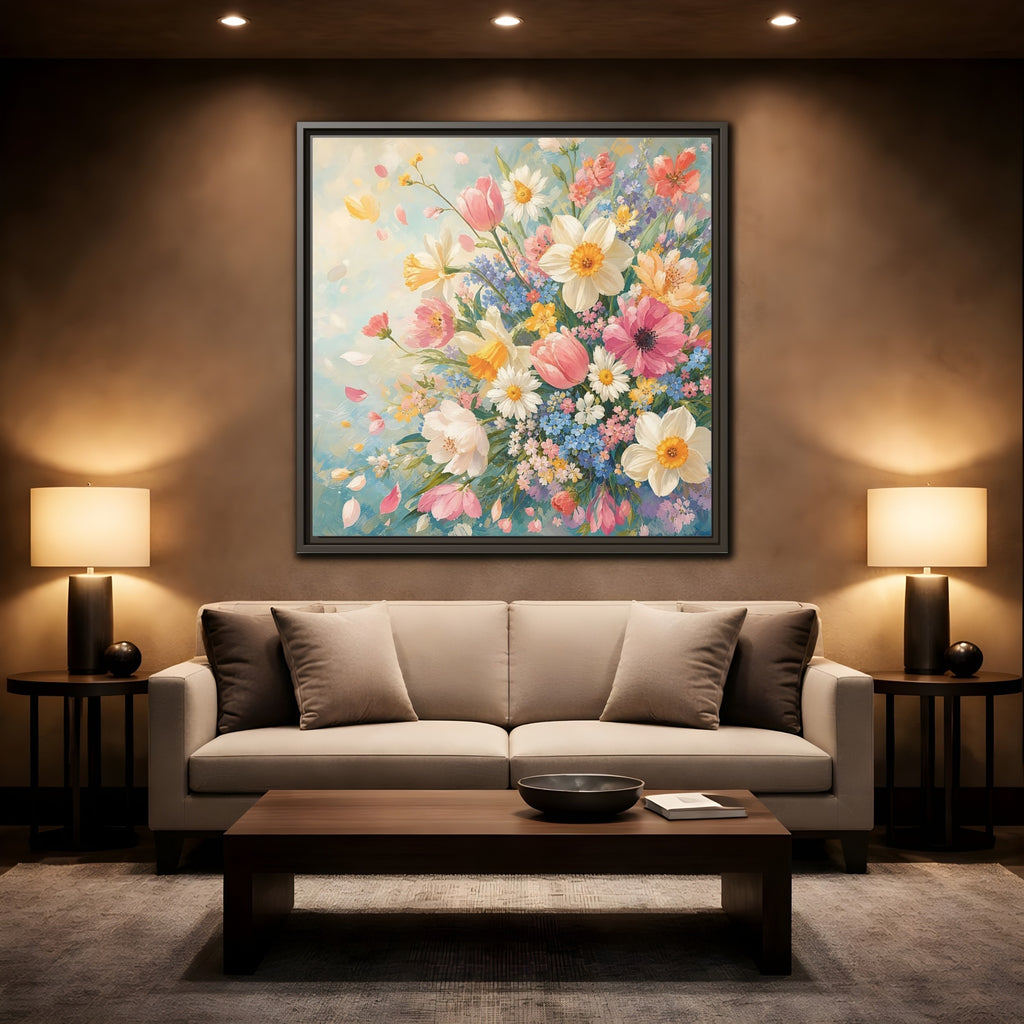 Mockup 2. Floral Flower Bouquet Pastel Floral shown as stretched canvas wall art