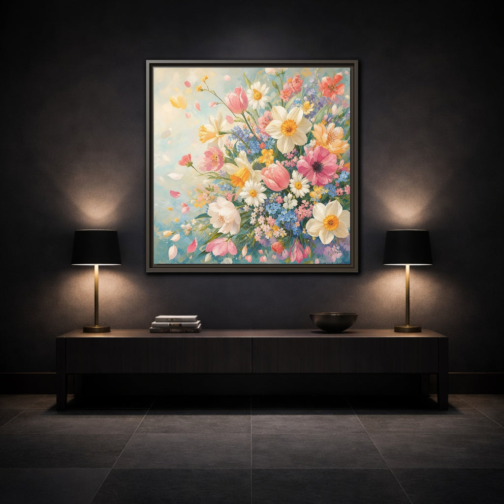 Mockup 3. Floral Flower Bouquet Pastel Floral shown as stretched canvas wall art