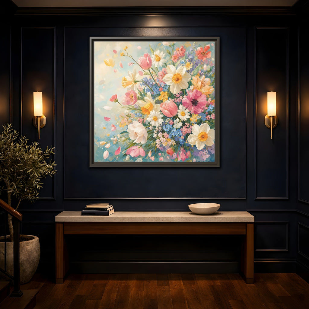 Mockup 4. Floral Flower Bouquet Pastel Floral shown as stretched canvas wall art