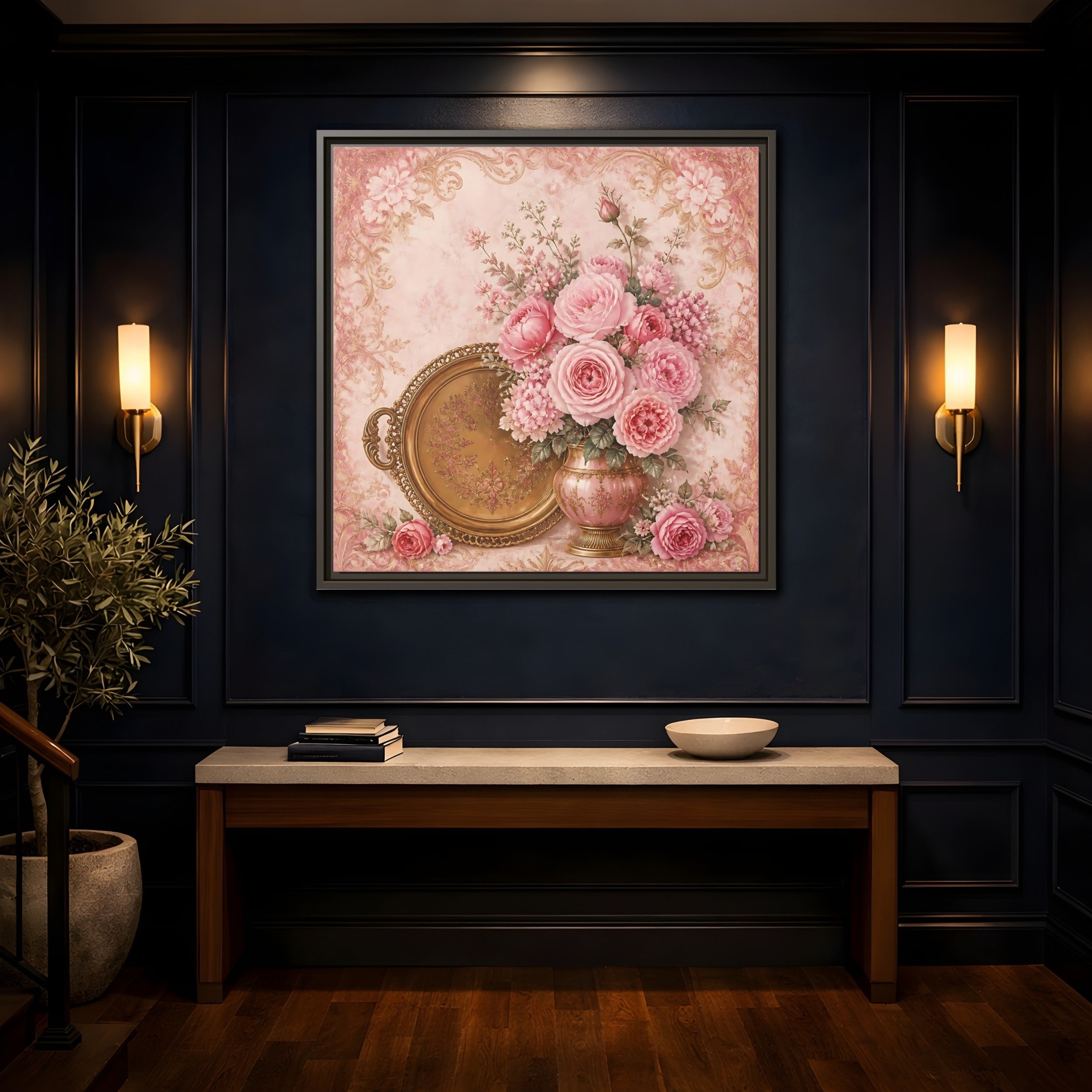 Mockup 4. Floral Flower Bouquet Pink Floral shown as stretched canvas wall art