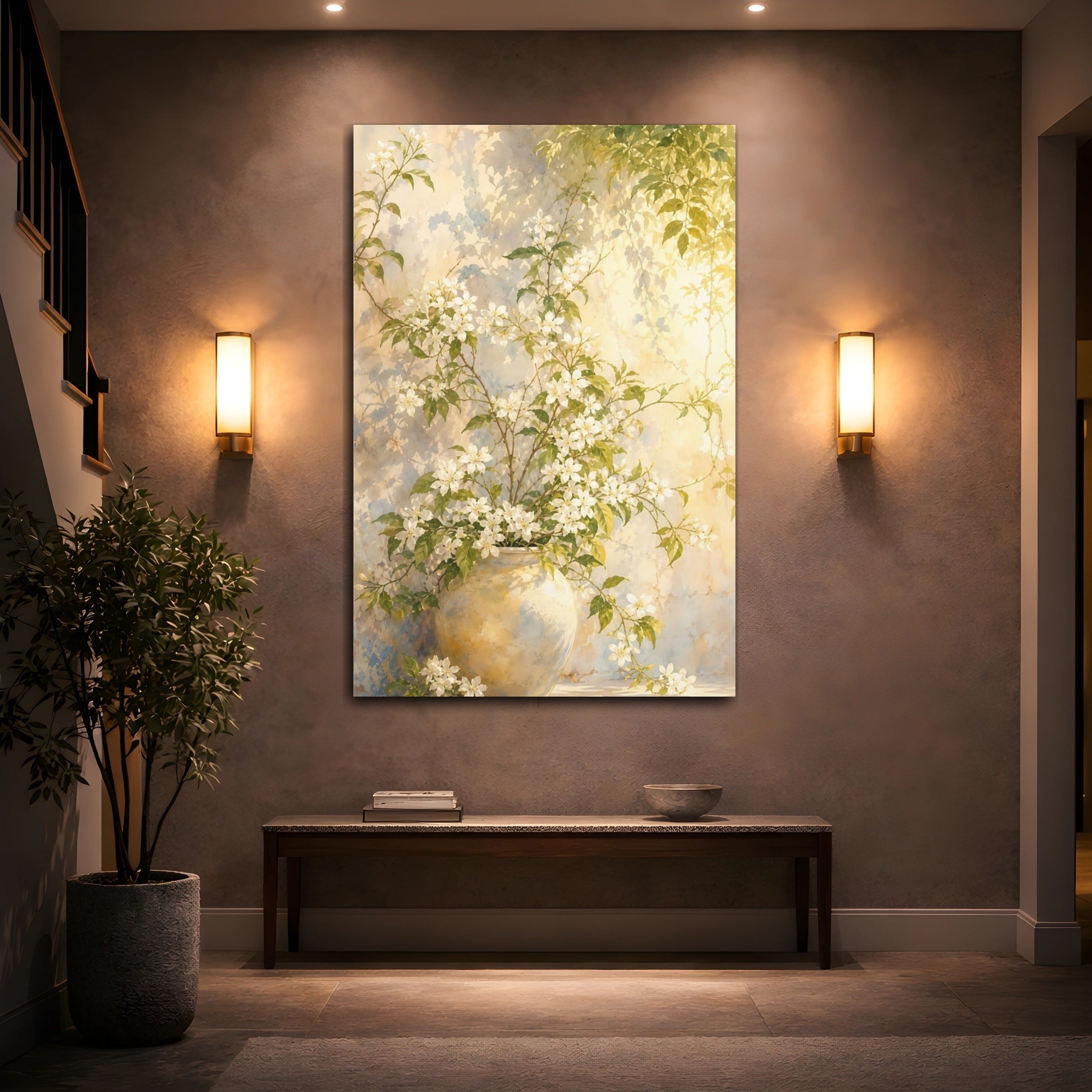 Mockup 2. Floral Flowering Vines White Floral Yellow shown as stretched canvas wall art