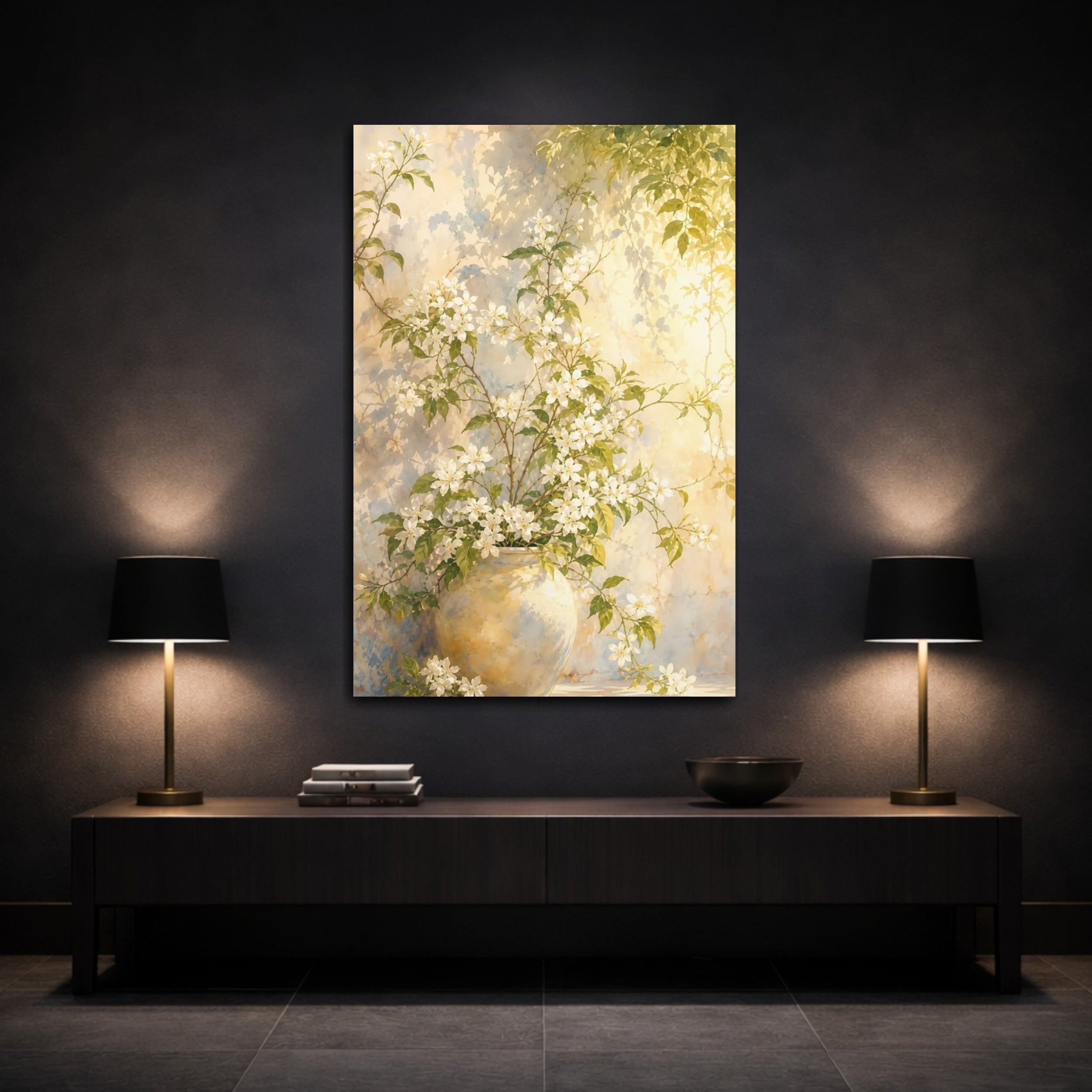 Mockup 3. Floral Flowering Vines White Floral Yellow shown as stretched canvas wall art