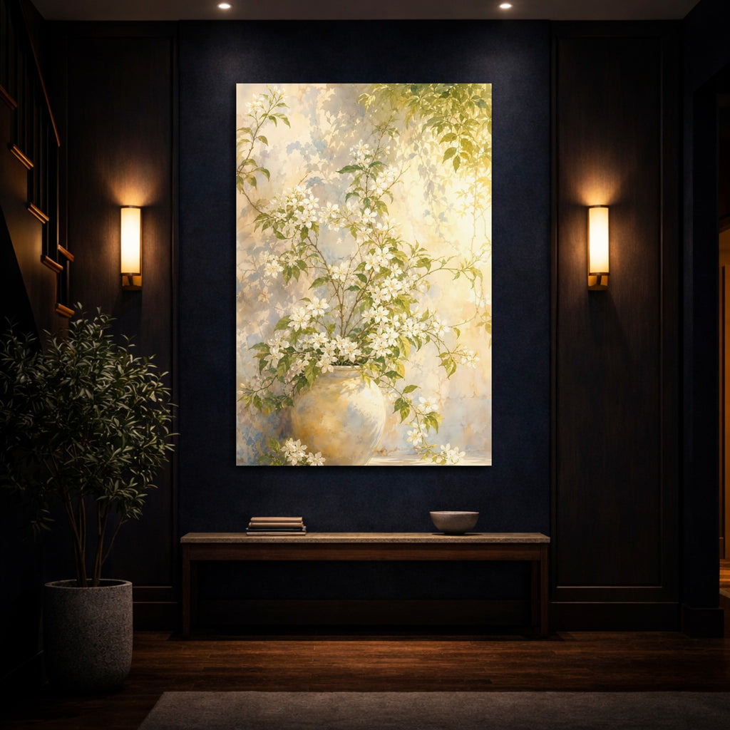 Mockup 4. Floral Flowering Vines White Floral Yellow shown as stretched canvas wall art